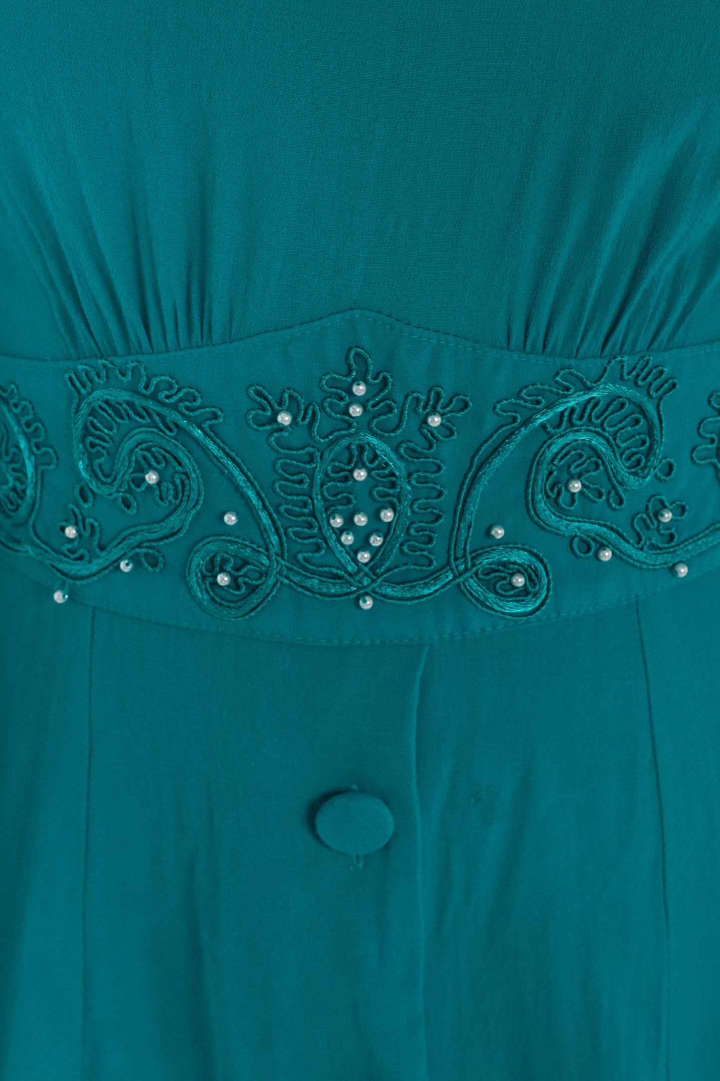80s Teal Beaded Midi Dress Puff Sleeve High Waist Button Front Extra Small