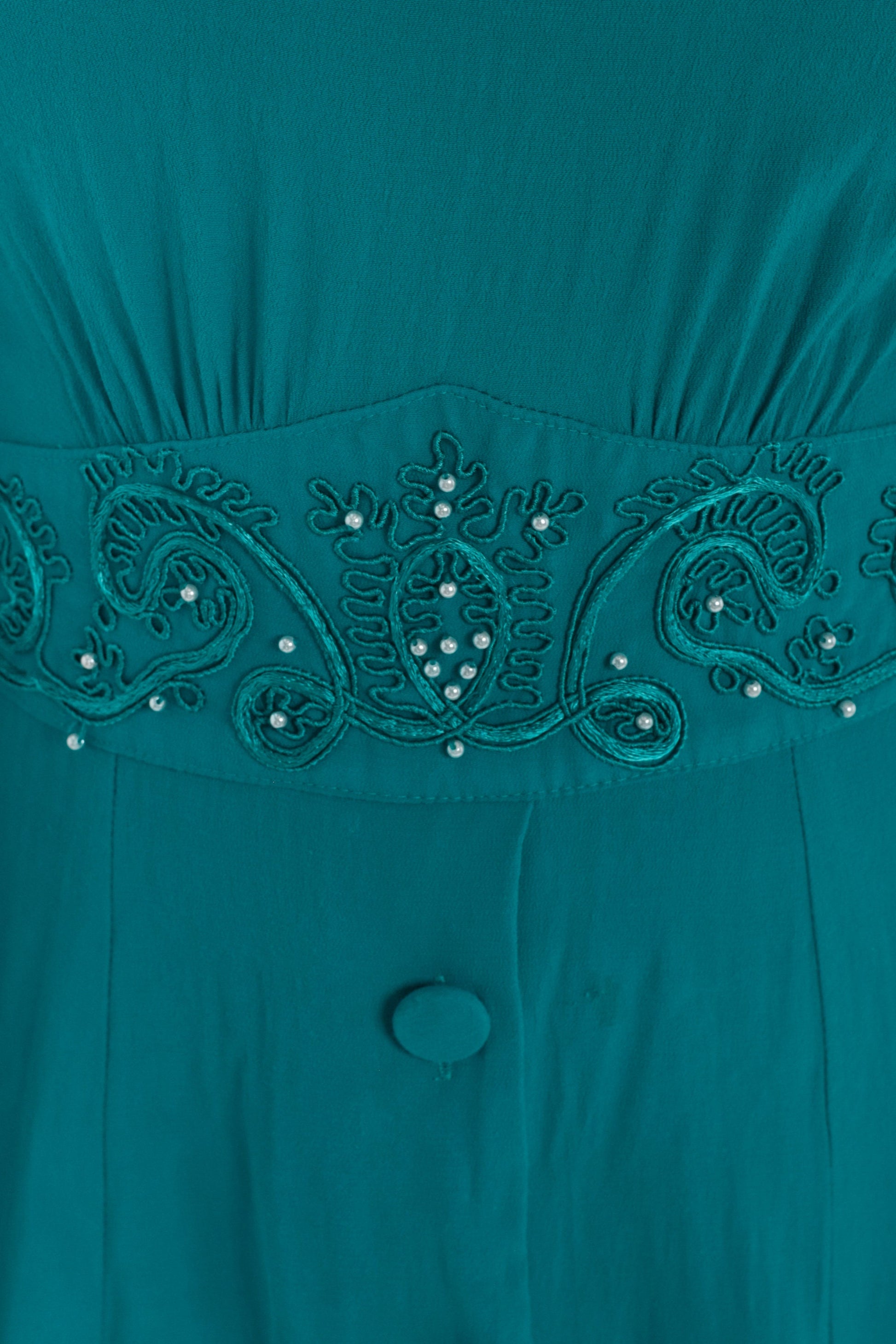 80s Teal Beaded Midi Dress Puff Sleeve High Waist Button Front Extra Small