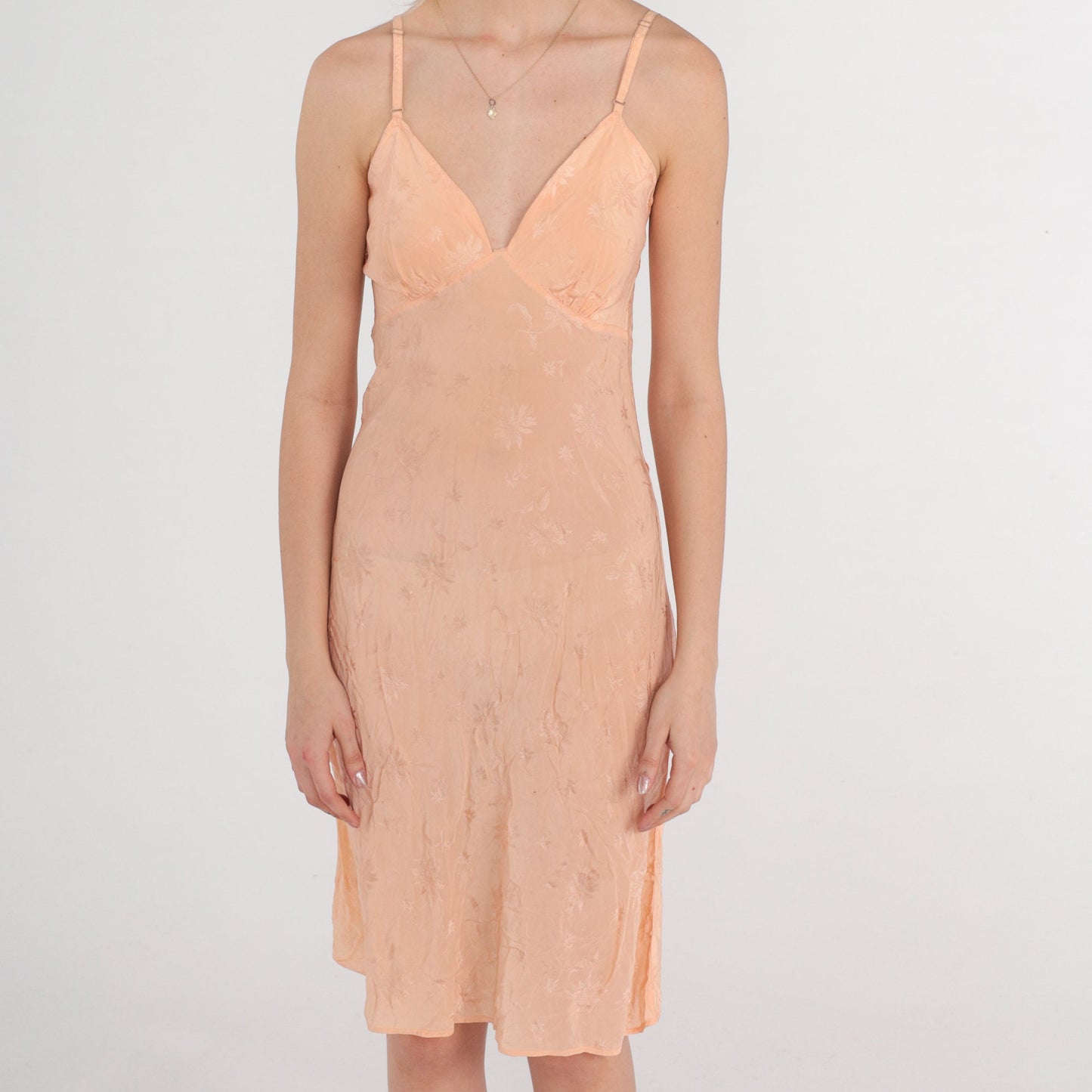40s Silk Slip Dress Peach Floral Embossed Empire Waist Spaghetti Strap Mini XS