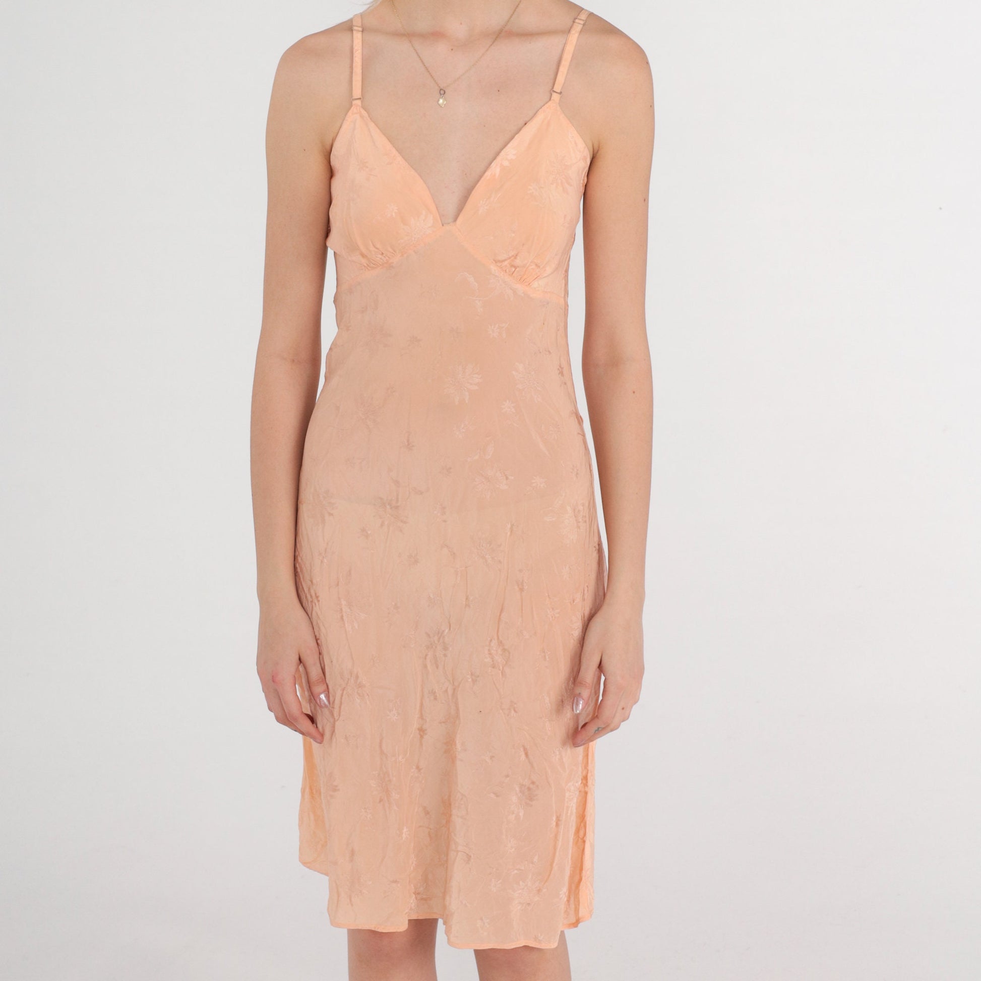 40s Silk Slip Dress Peach Floral Embossed Empire Waist Spaghetti Strap Mini XS