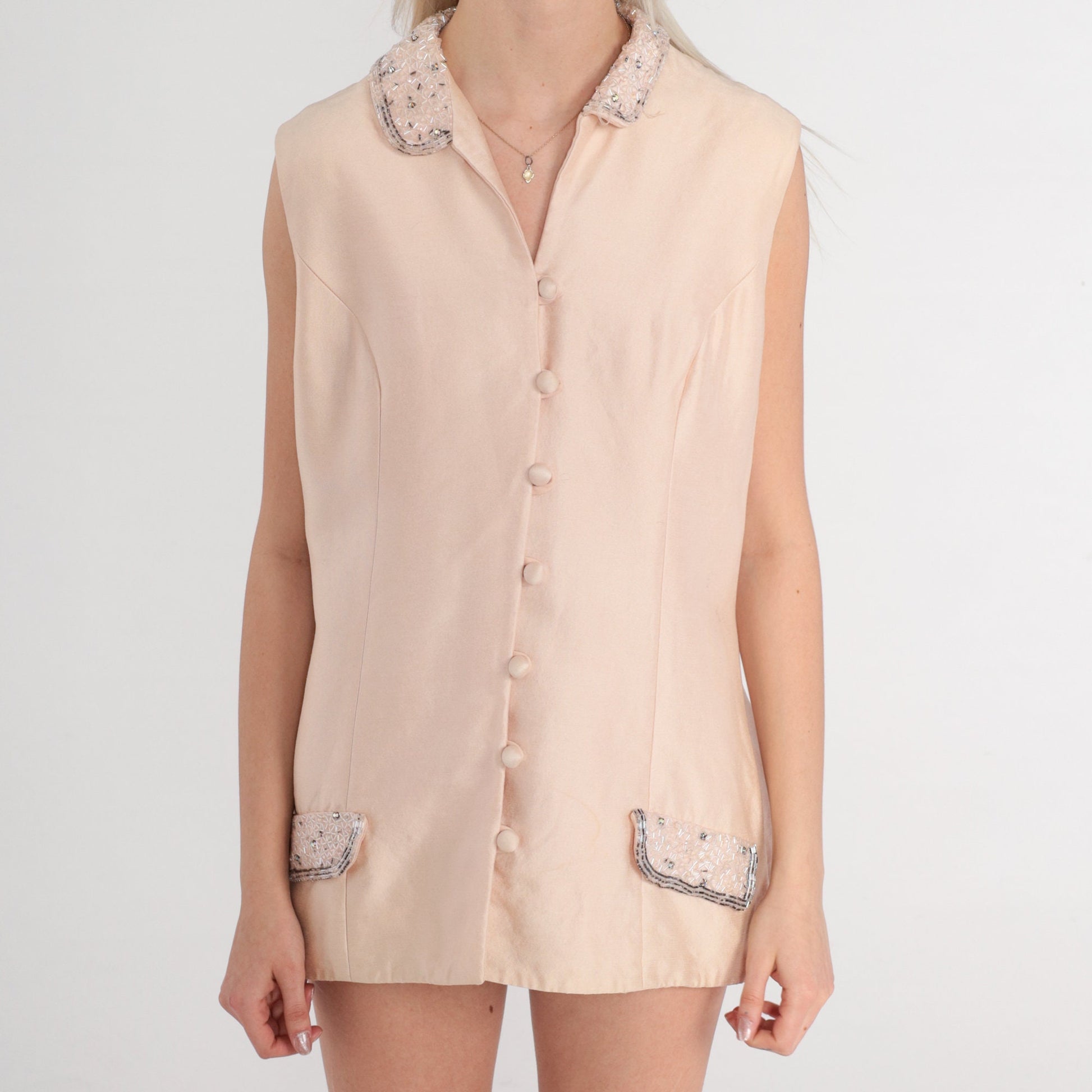 60s Blush Beaded Button-Up Sleeveless Top Medium M