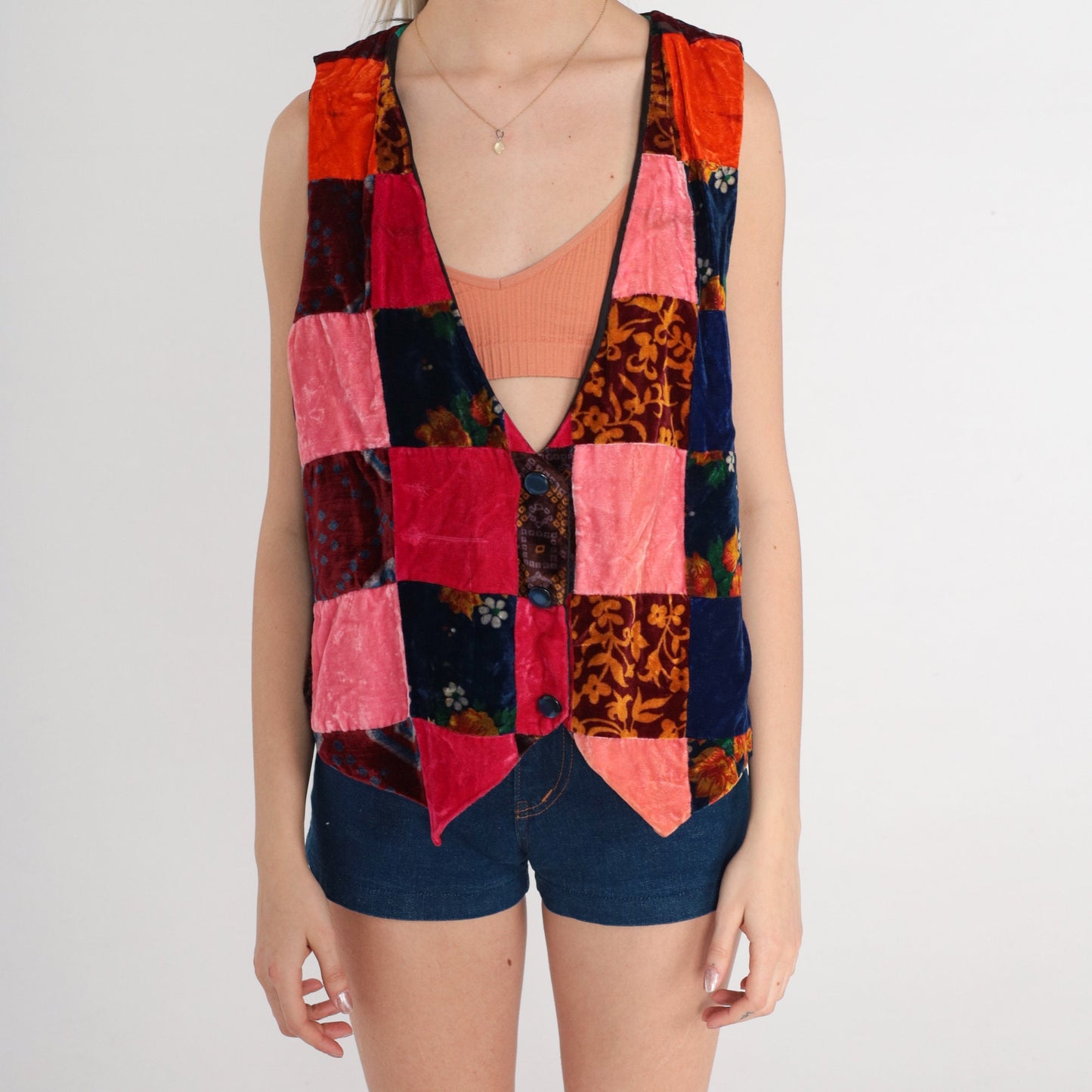 70s Velvet Patchwork Floral Button-Up Vest Pink Red Blue Medium M