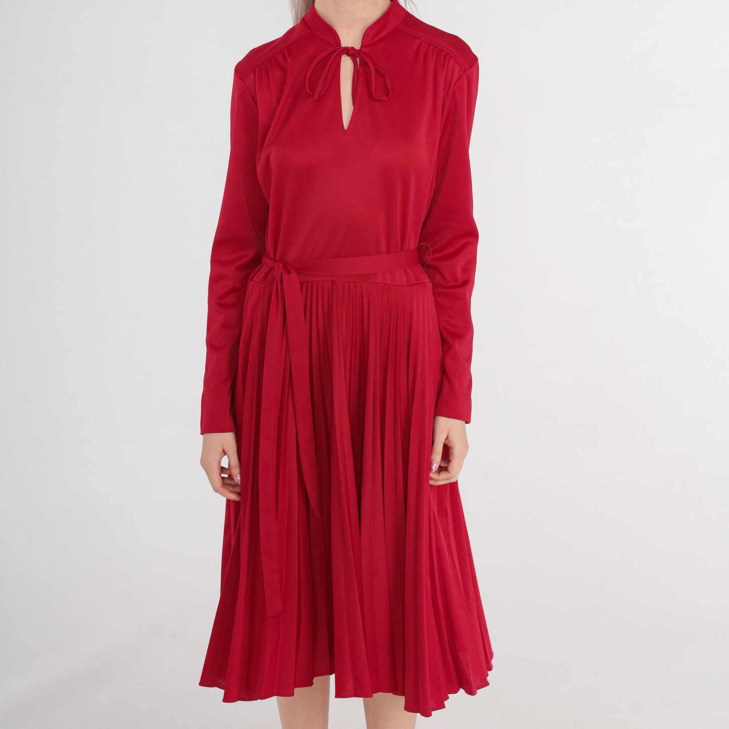 70s Burgundy Red Midi Dress Pleated High Waist Long Sleeve Medium