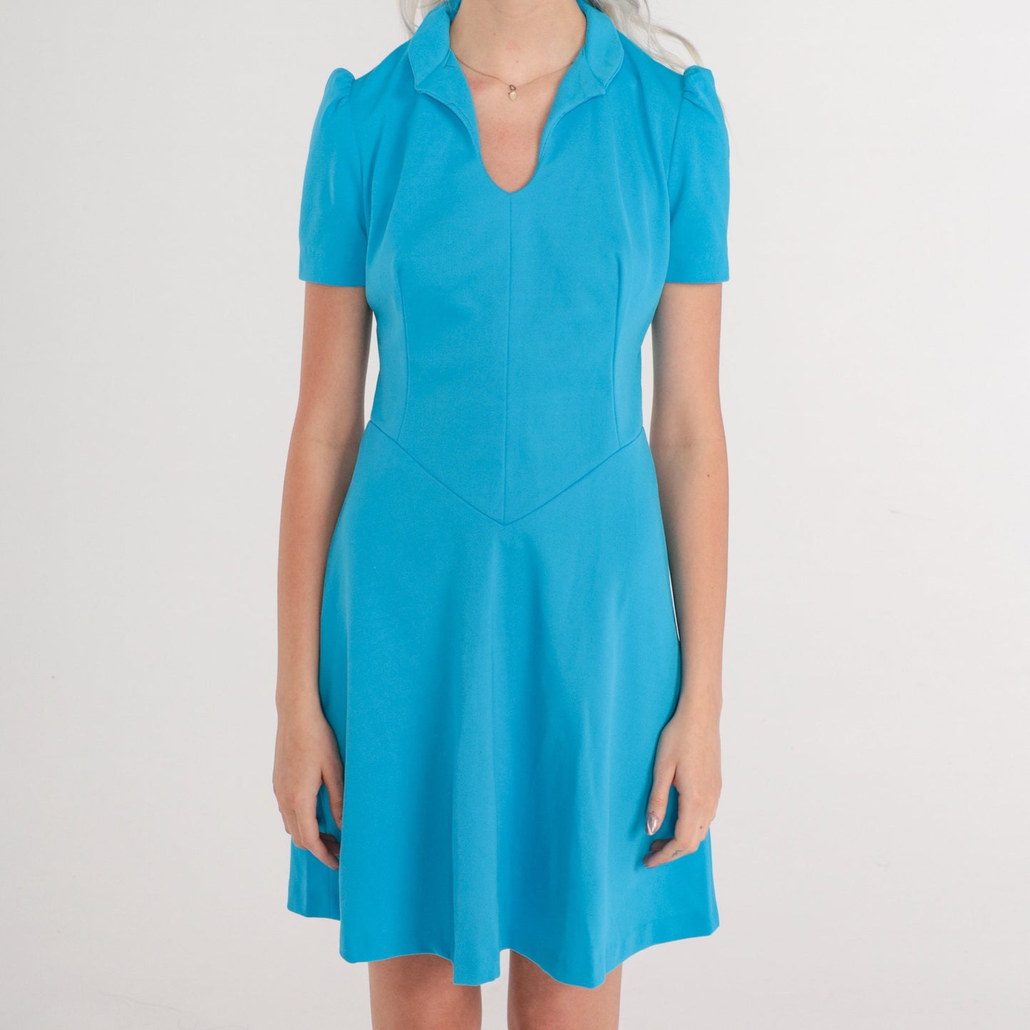 1960s Blue Mini Dress Mod Puff Sleeve Basque Waist Collared V-Neck XS