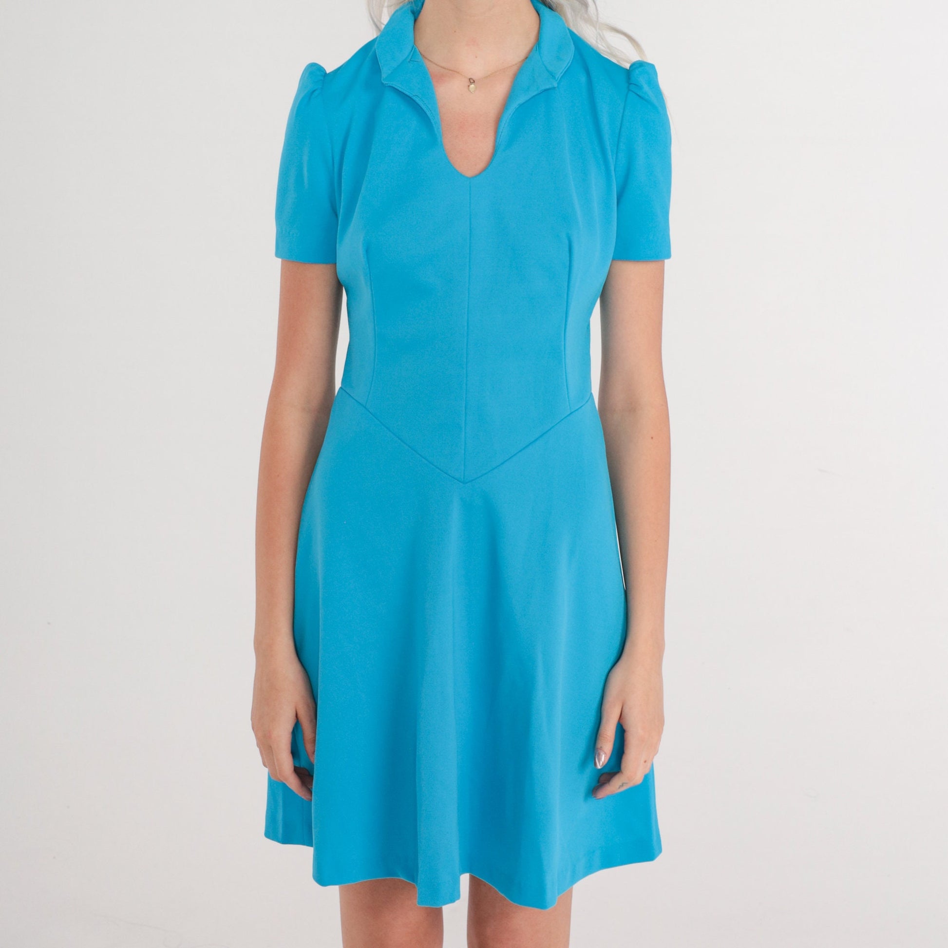 1960s Blue Mini Dress Mod Puff Sleeve Basque Waist Collared V-Neck XS