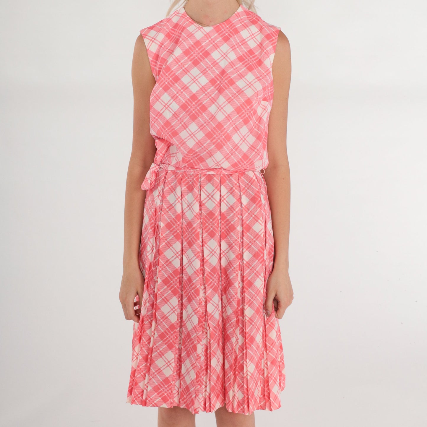 60s Pink Plaid Mini Dress Sleeveless High Waist Pleated Sundress Extra Small
