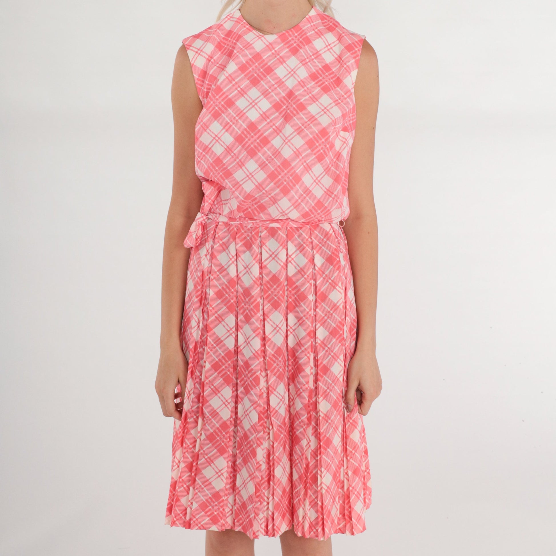 60s Pink Plaid Mini Dress Sleeveless High Waist Pleated Sundress Extra Small