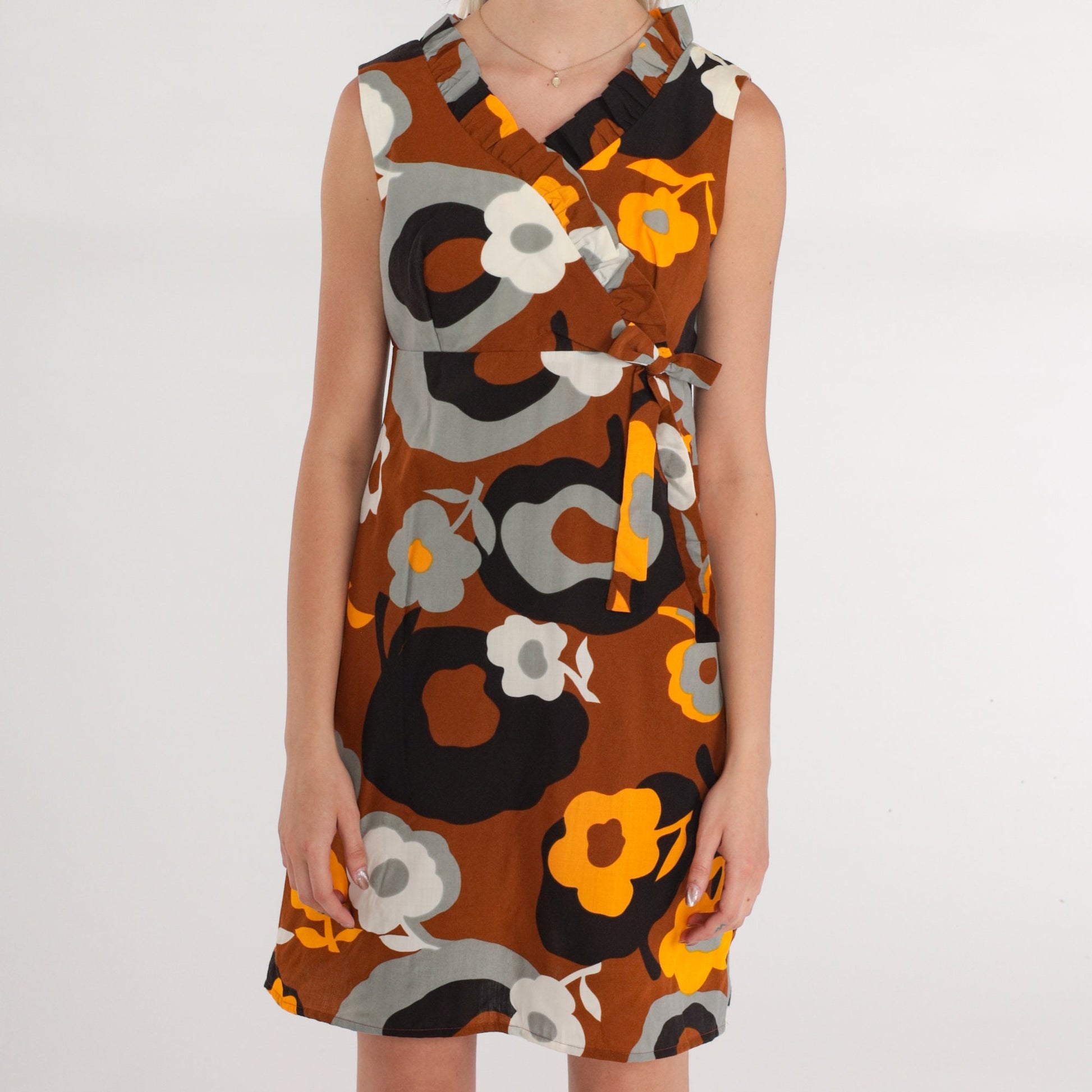 70s Floral Babydoll Mini Dress Psychedelic Print Brown Yellow Small