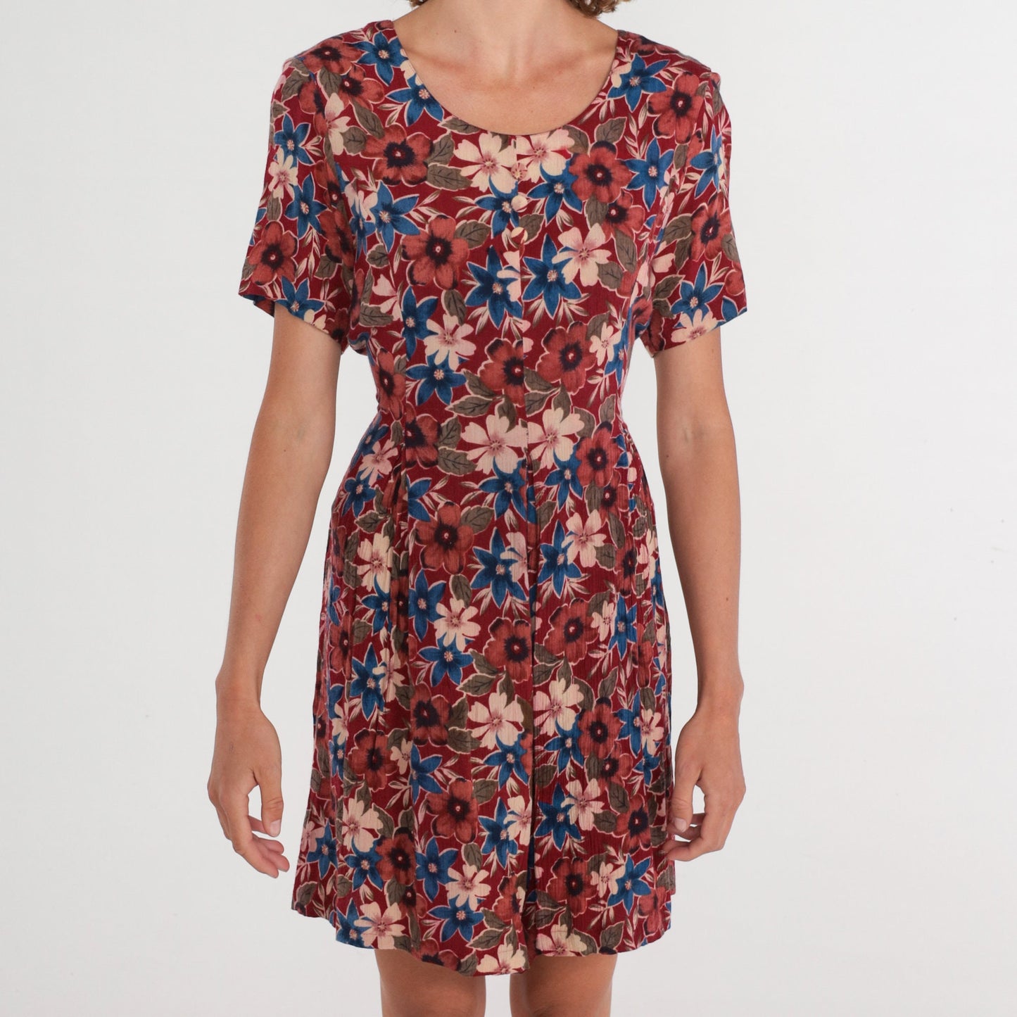 90s Karen Scott Red Floral Button-Up Romper Knee-Length Small S