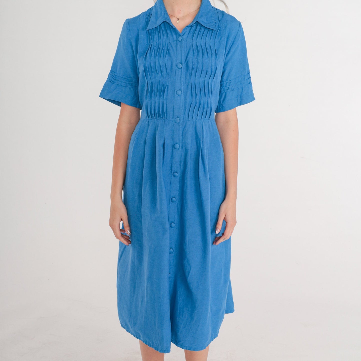90s Coldwater Creek Blue Midi Shirtdress Pleated High Waisted Small S