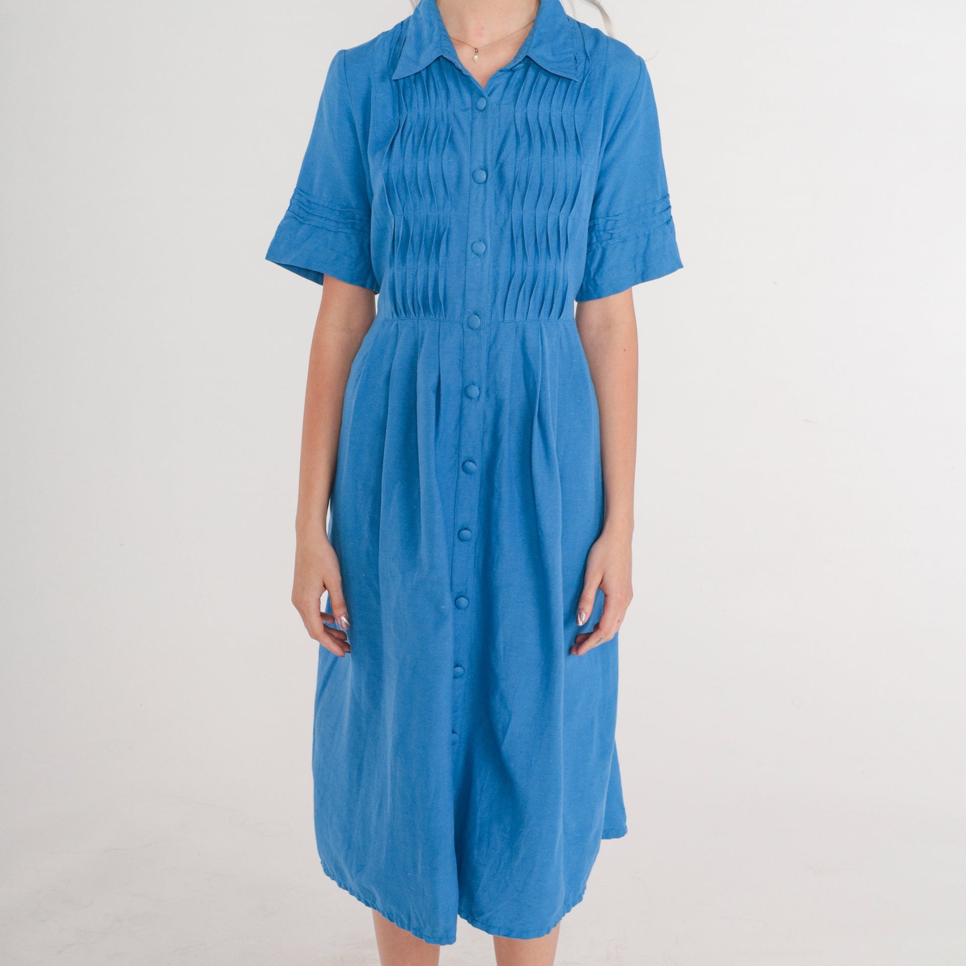 90s Coldwater Creek Blue Midi Shirtdress Pleated High Waisted Small S