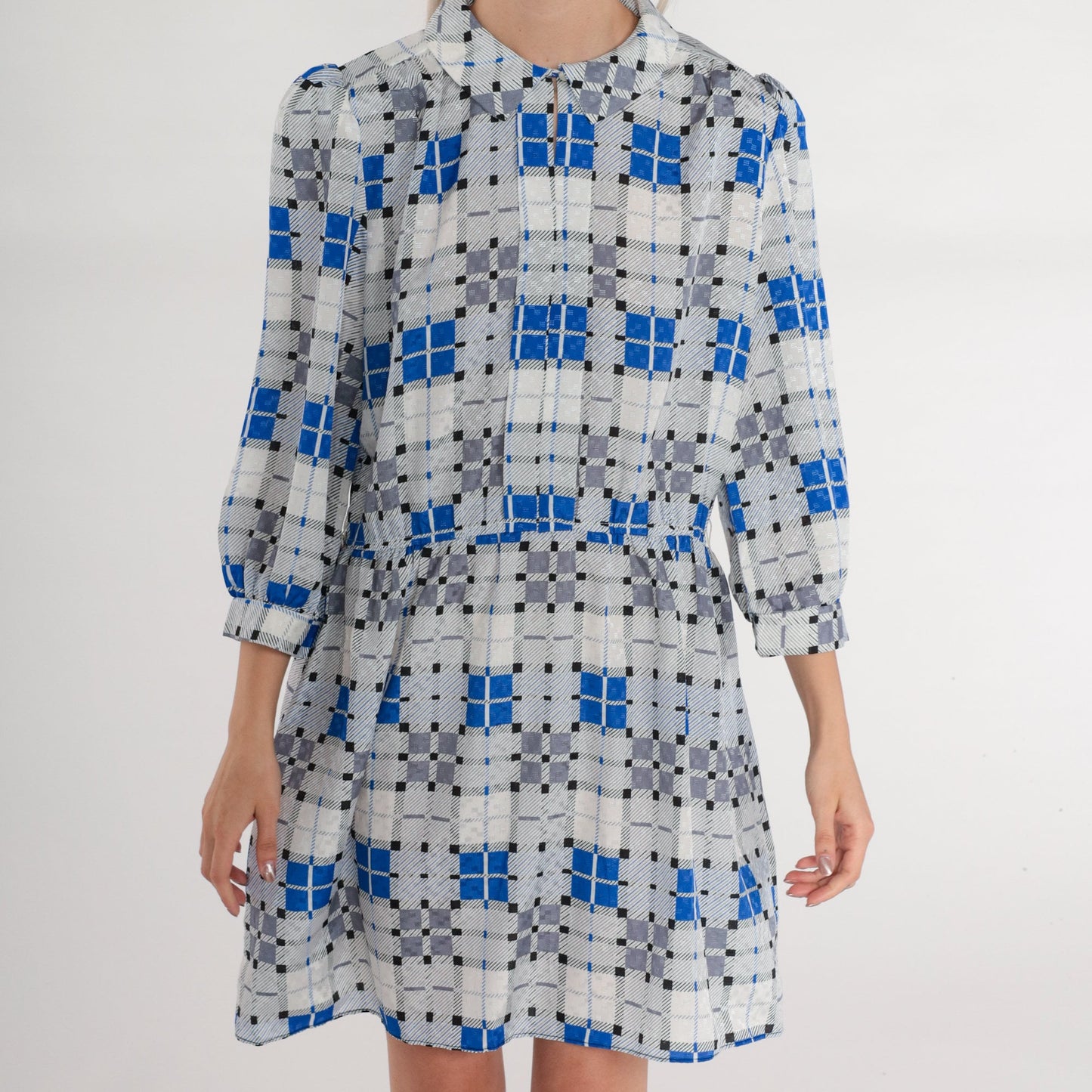 70s Jonathan Martin Plaid Mini Dress Grey Blue Puff Sleeve Keyhole Medium