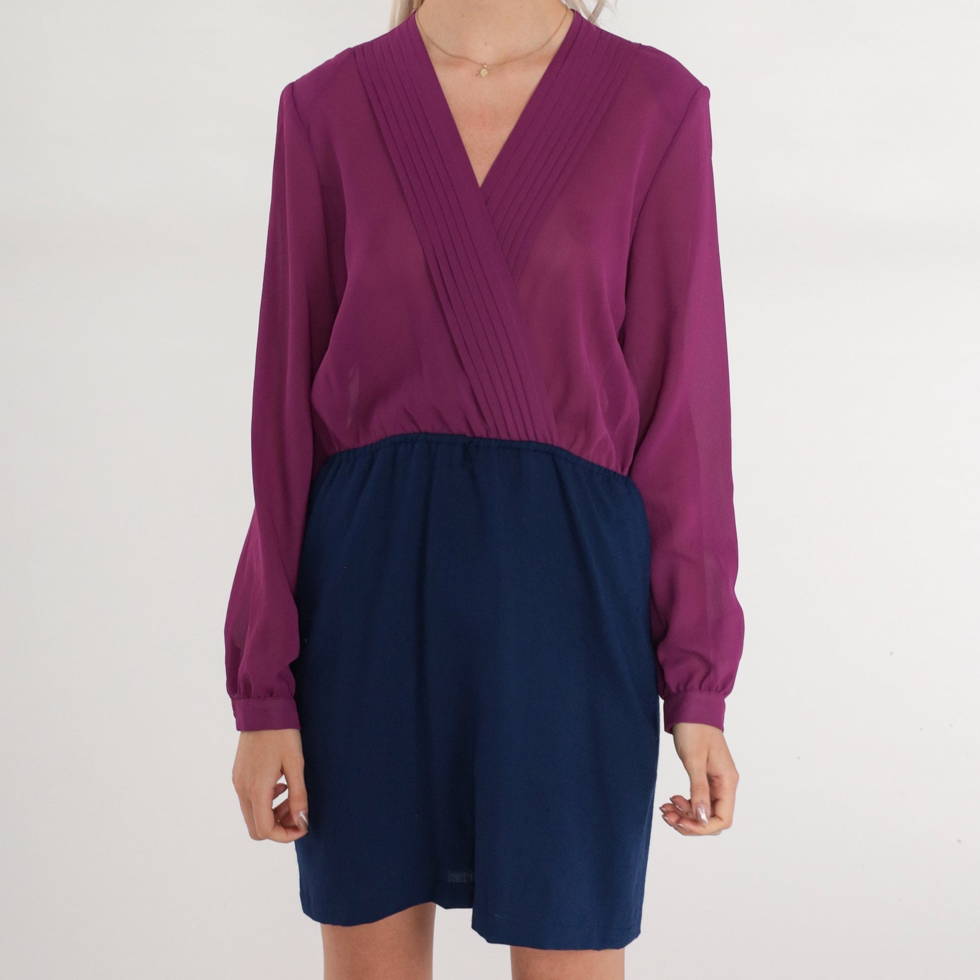 70s Secretary Dress Purple Navy Mini Faux Wrap V-Neck Long Sleeve Extra Small XS