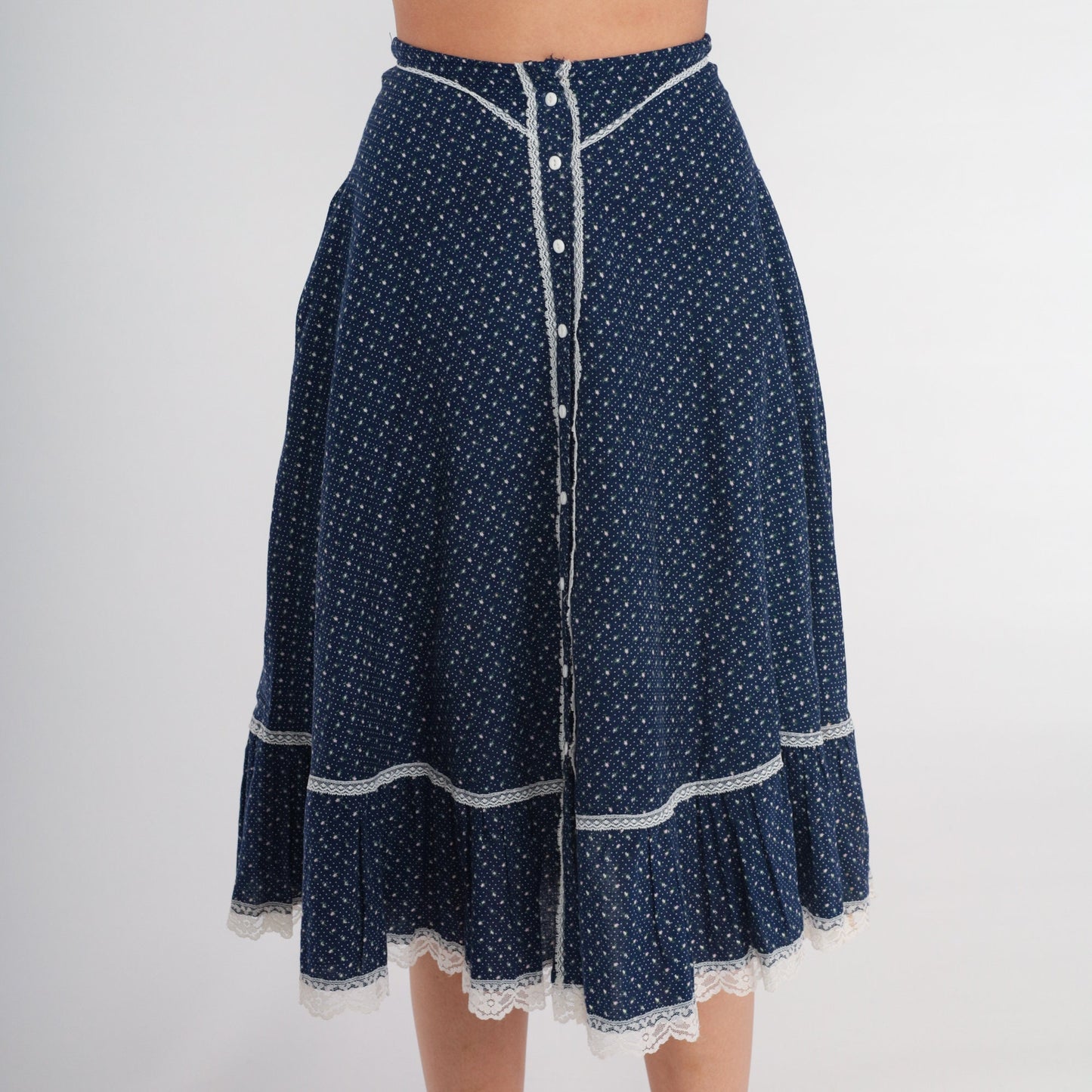 70s Gunne Sax Prairie Skirt Blue Calico Floral Midi Lace High Waist XS