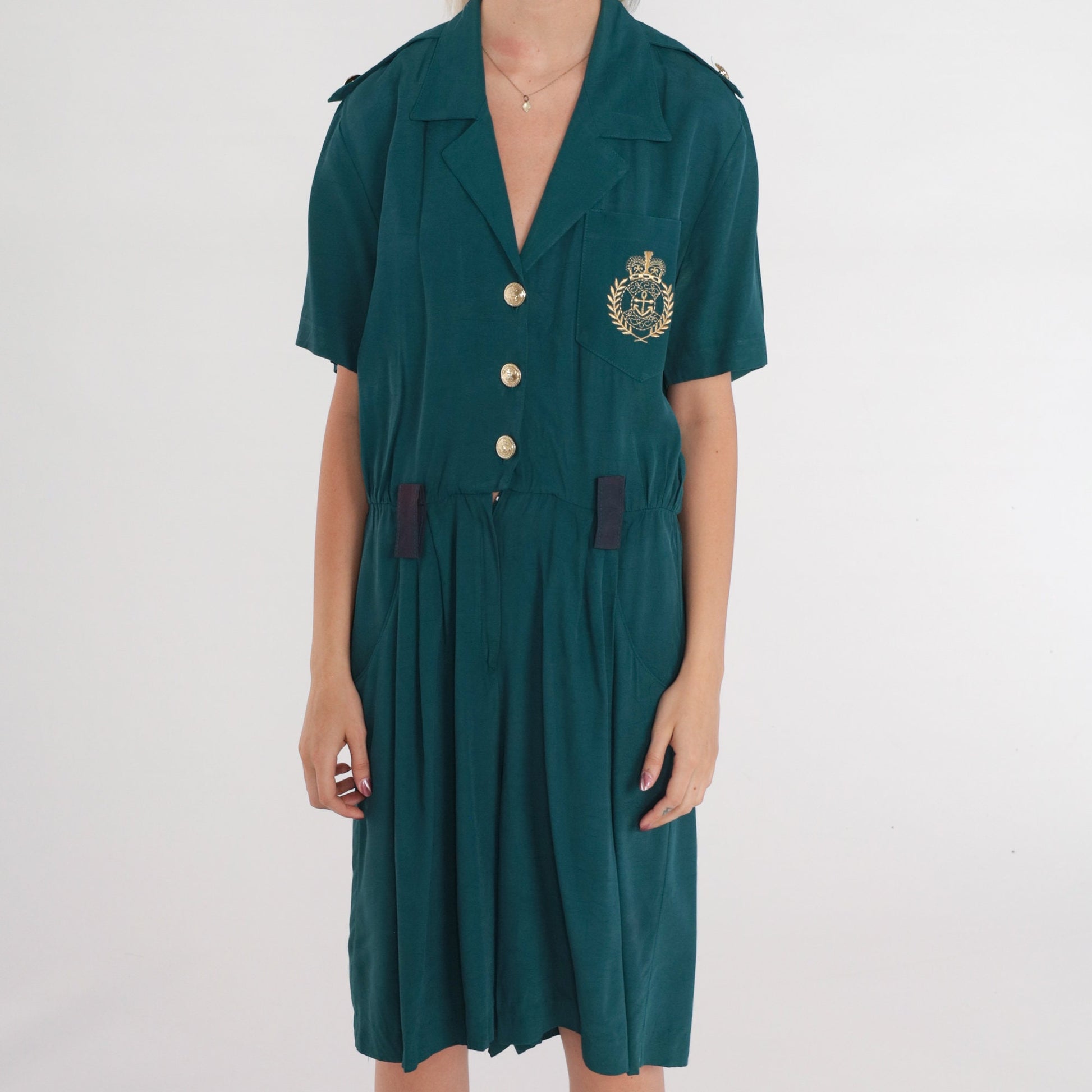 90s Nautical Teal Romper Wide Leg Button Up Epaulette Playsuit Large L