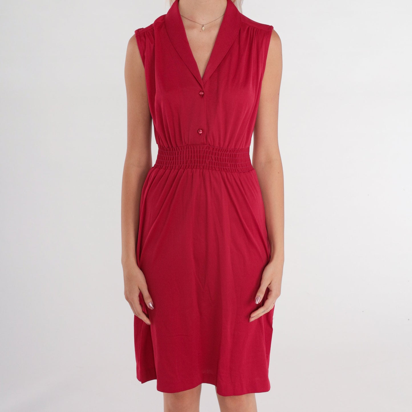 70s Raspberry Red Midi Shirtdress High Waist V Neck Smocked Small