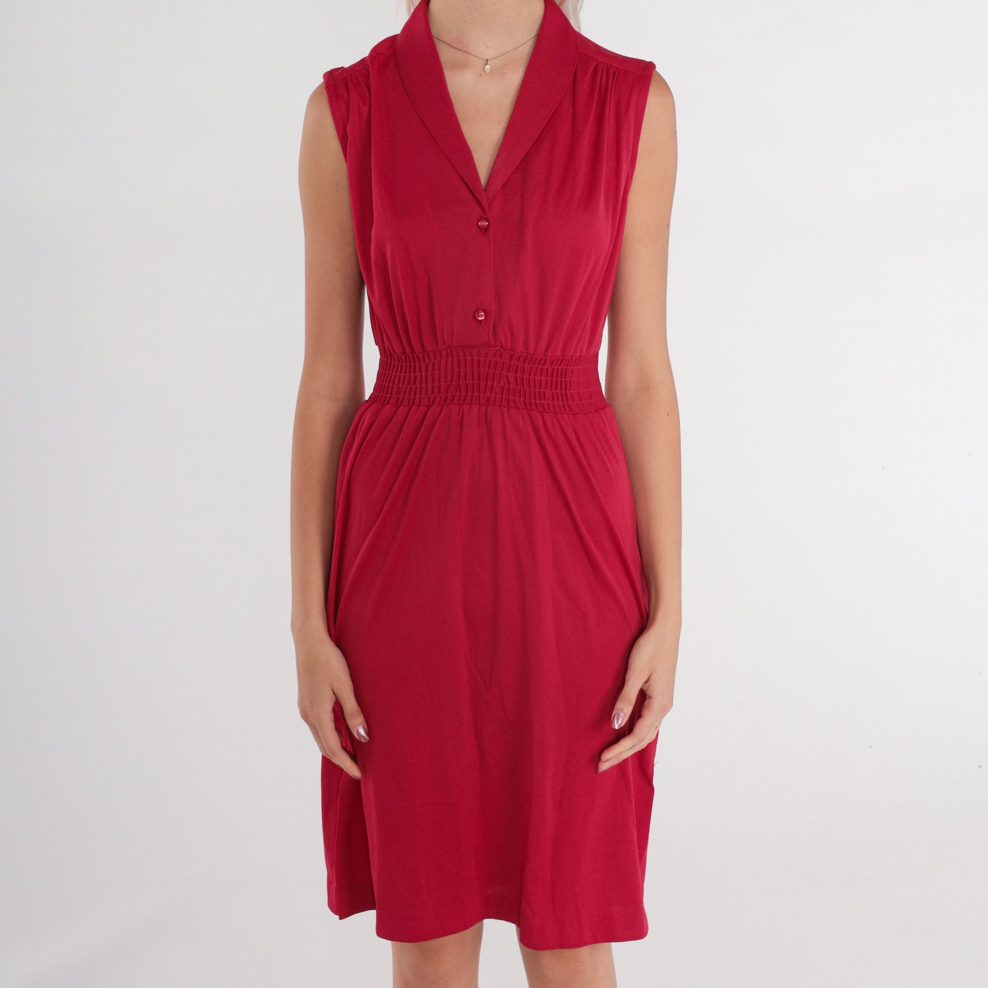 70s Raspberry Red Midi Shirtdress High Waist V Neck Smocked Small