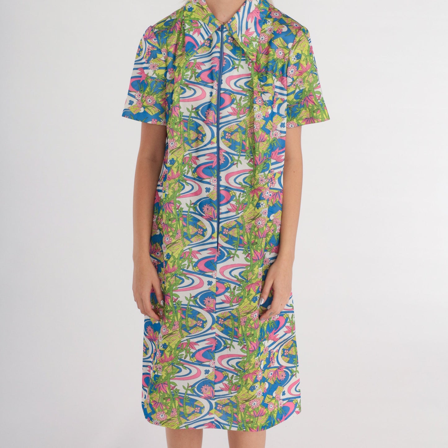 70s Psychedelic Floral Midi Shift Dress Zip Front Collar Short Sleeve Large L