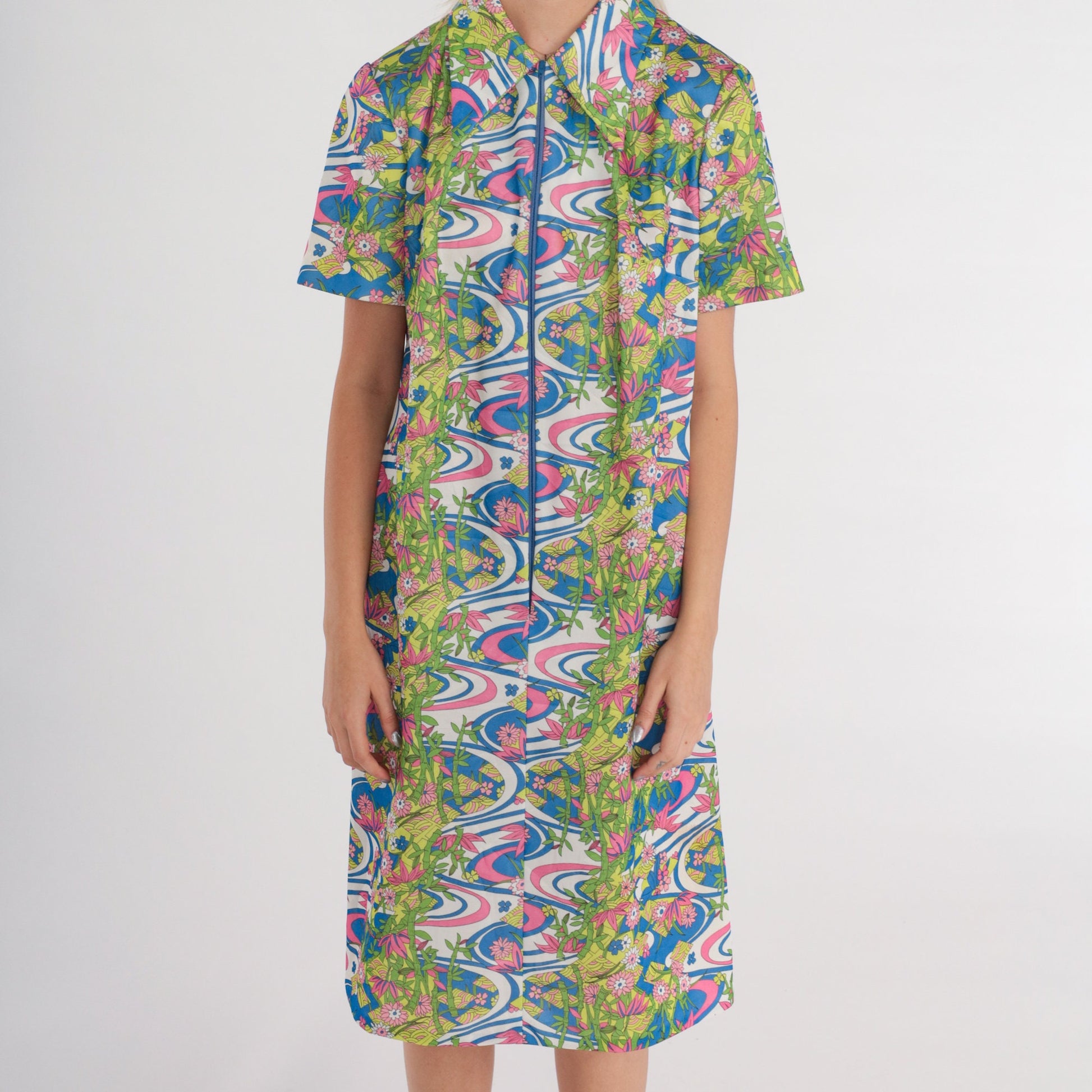 70s Psychedelic Floral Midi Shift Dress Zip Front Collar Short Sleeve Large L
