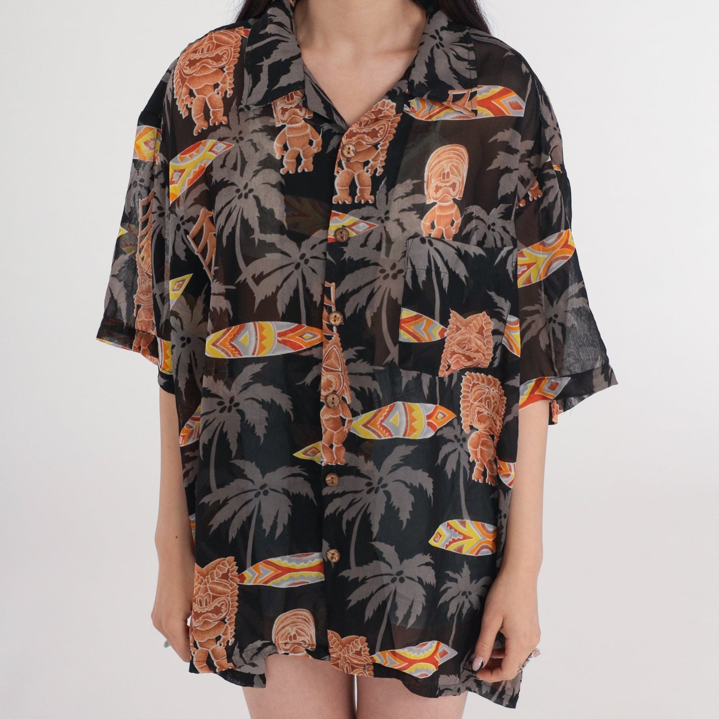 Y2K Hawaiian Tiki Surfboard Button-Up Shirt Black Extra Large XXL