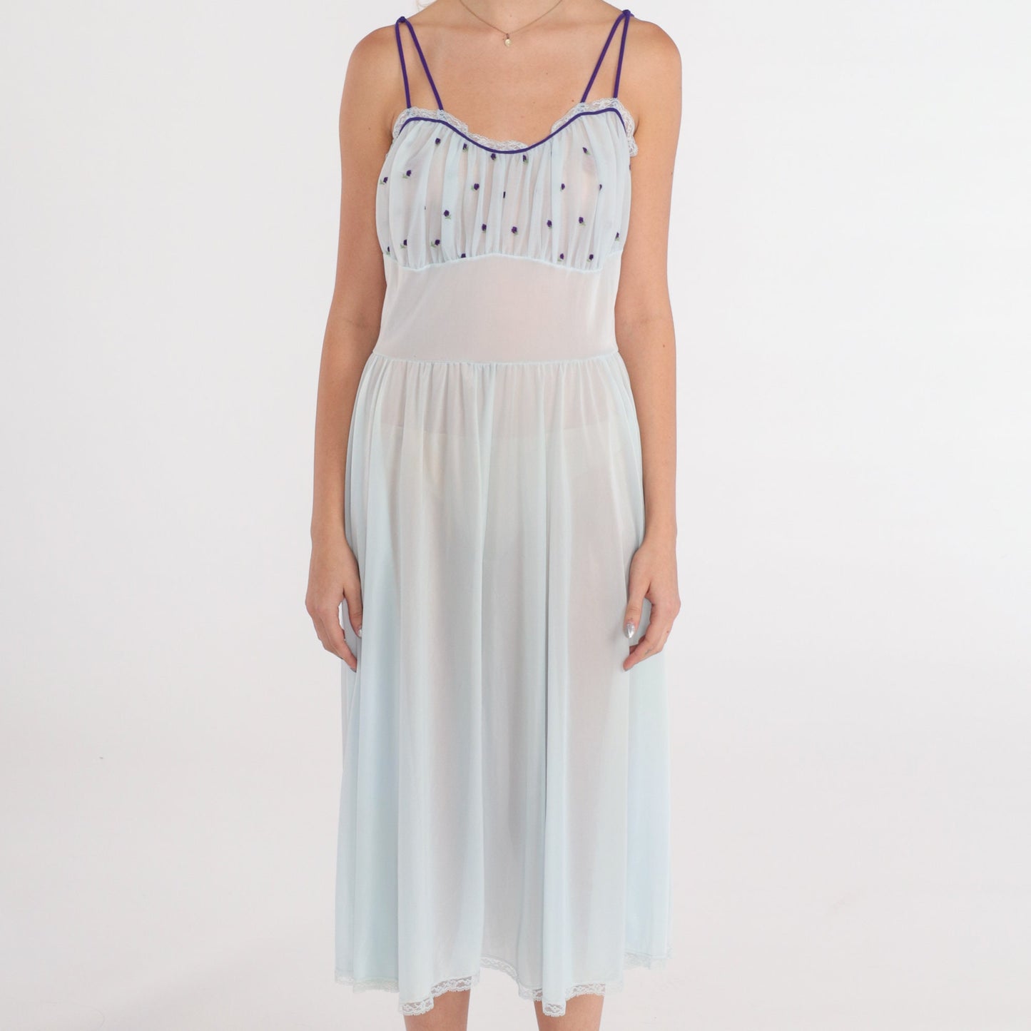 70s Sheer Blue Nightgown Floral Embroidered Lace Trim Empire Waist Midi Small