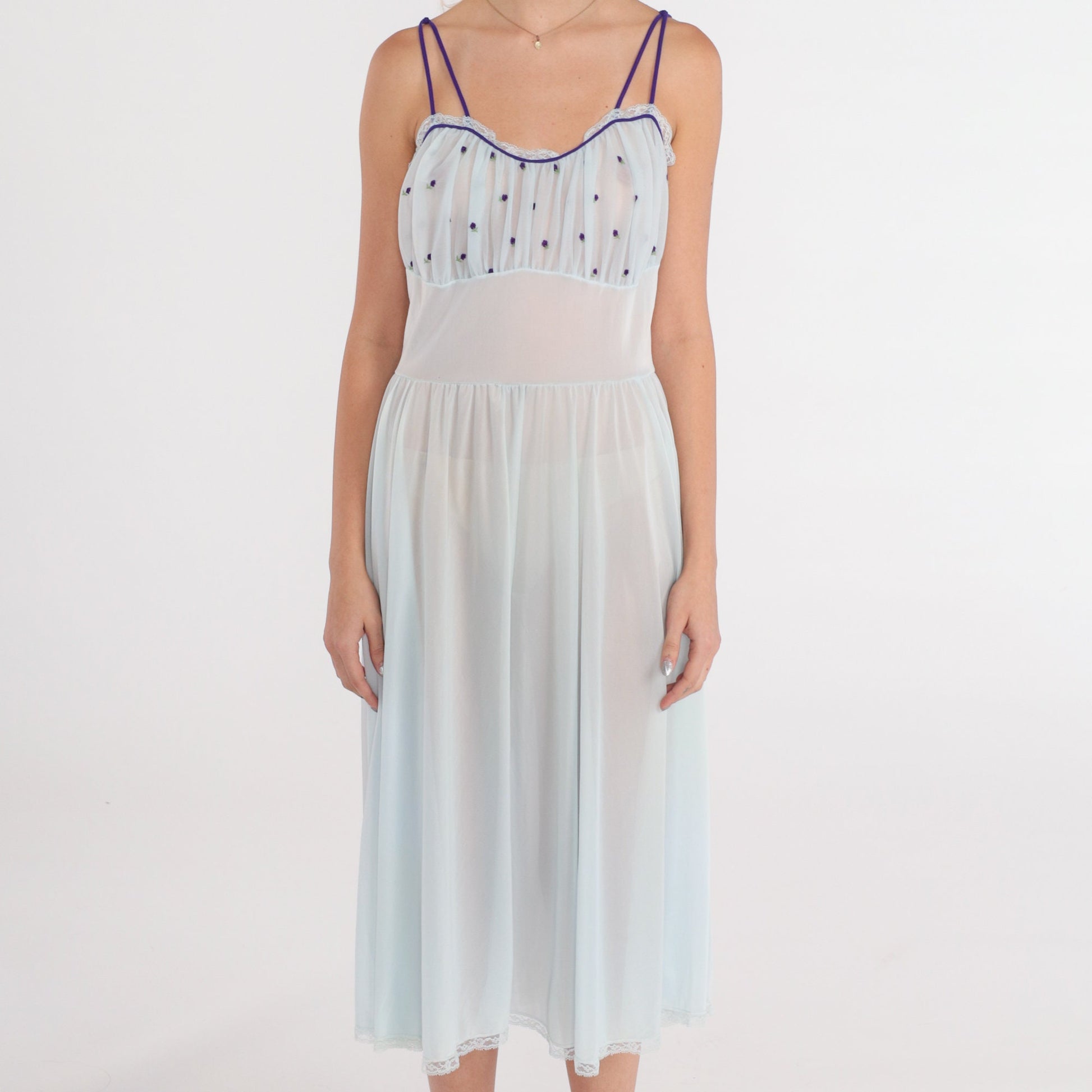 70s Sheer Blue Nightgown Floral Embroidered Lace Trim Empire Waist Midi Small