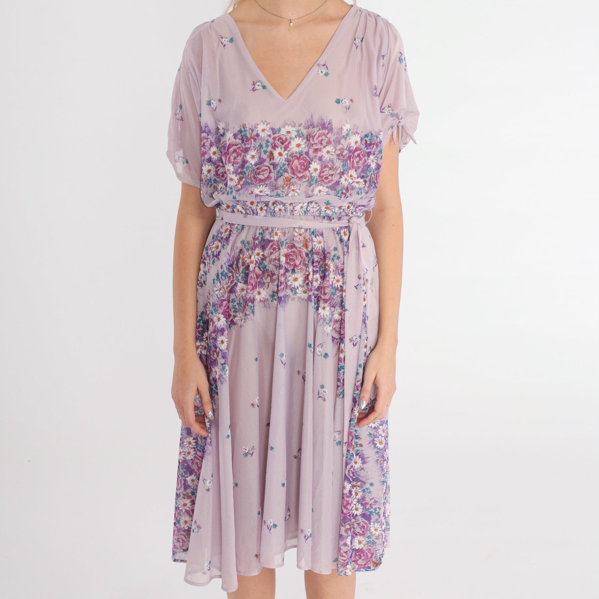 70s Lavender Floral Midi Dress High Waisted Sheer Purple Small Medium