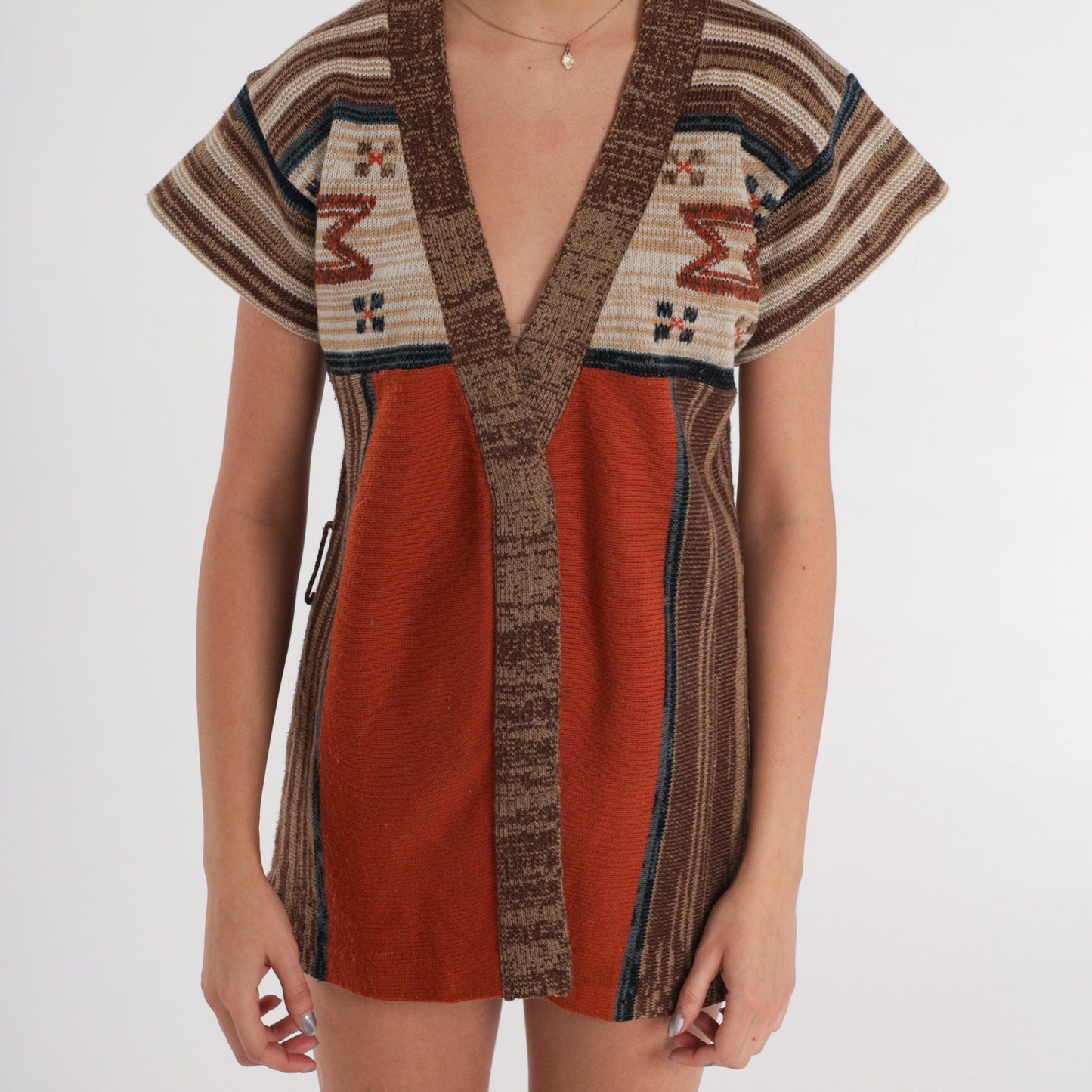 70s Rust Orange Space Dye Cardigan Southwestern Striped Knit Small
