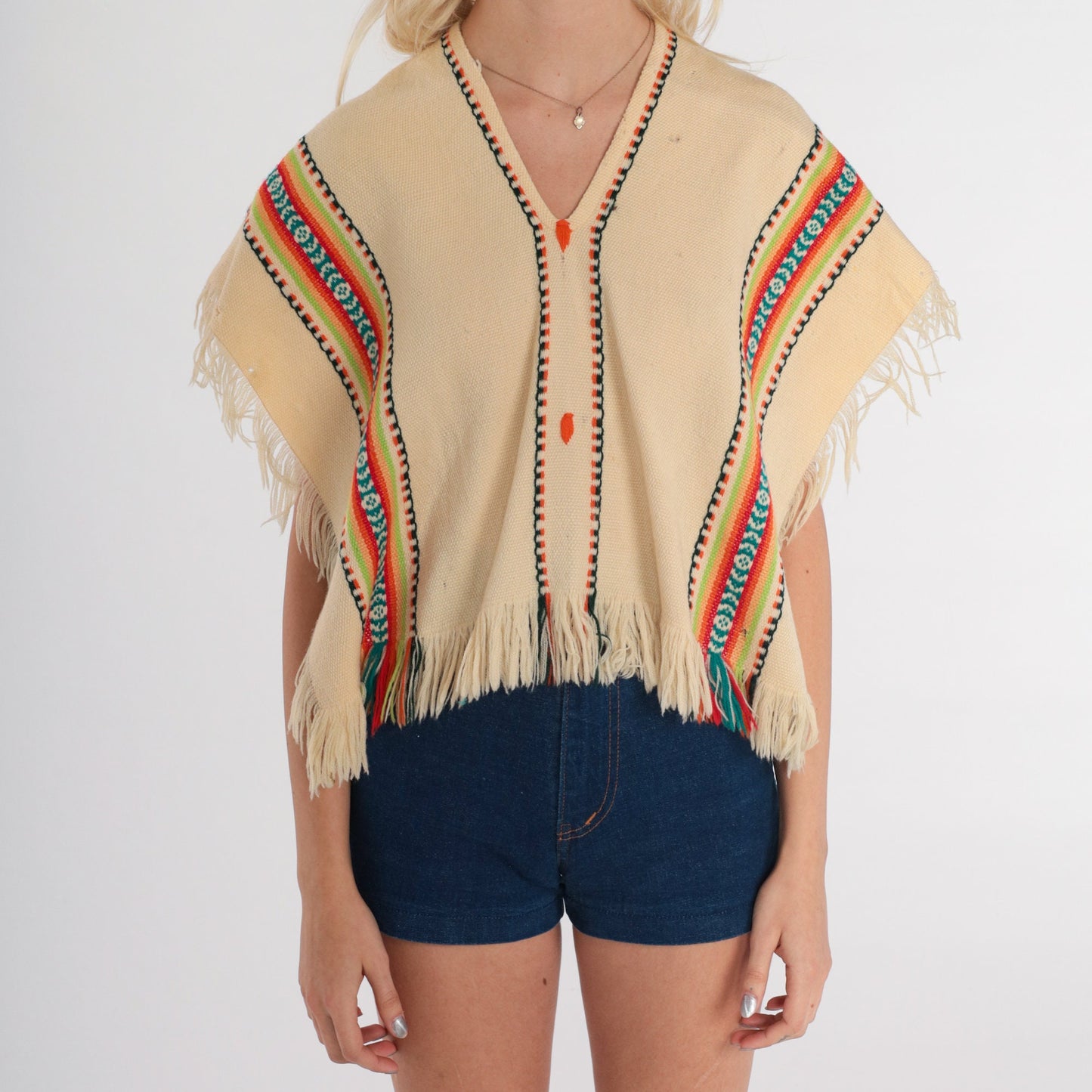 70s Cream Wool Poncho Southwestern Print Fringe Cape Small