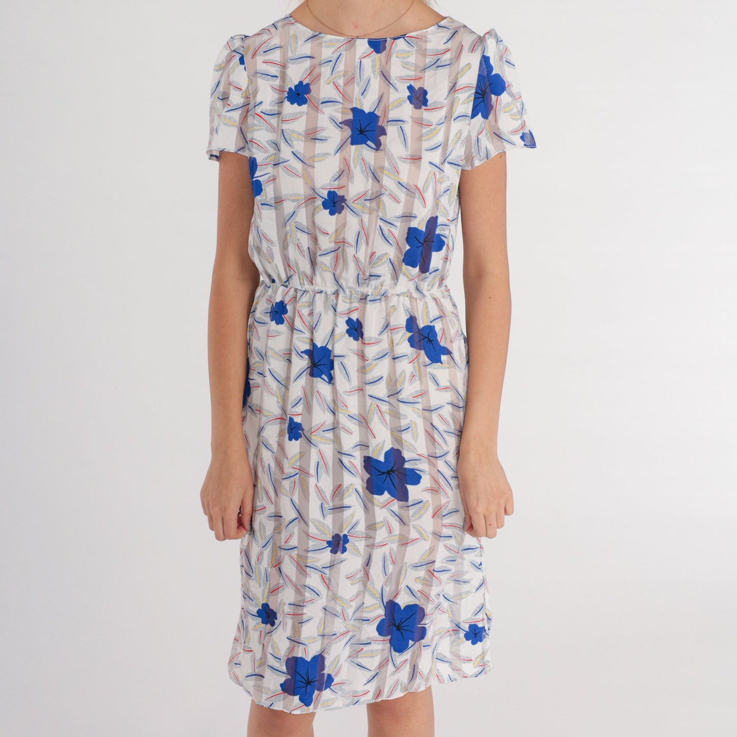 80s Striped Floral Hibiscus Leaf Print Dress High Waist Short Sleeve Knee Length XS