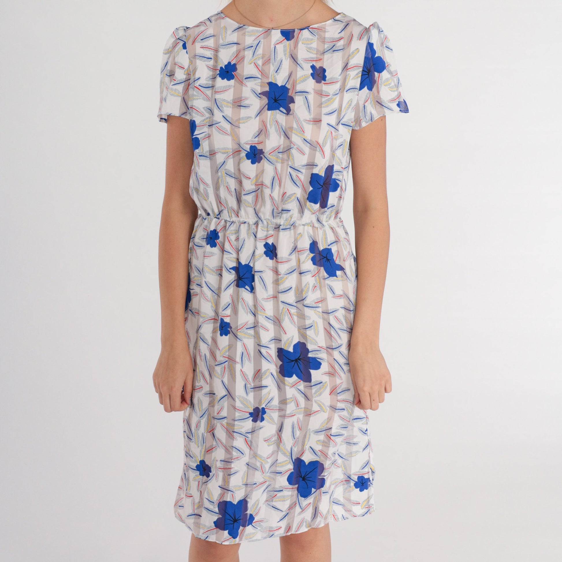 80s Striped Floral Hibiscus Leaf Print Dress High Waist Short Sleeve Knee Length XS
