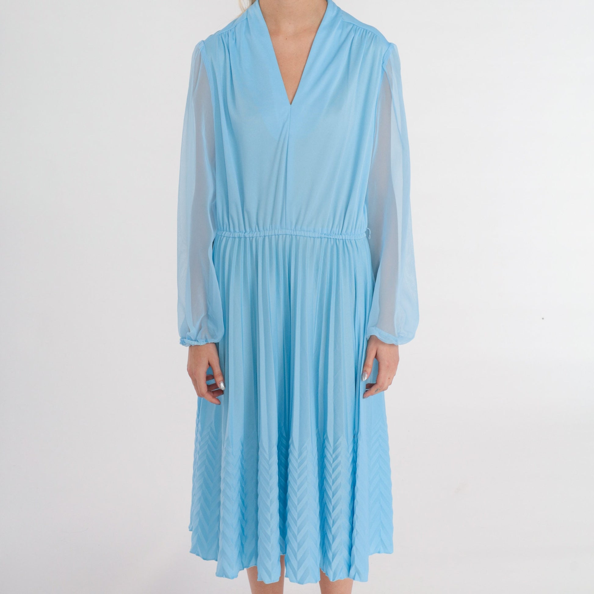 70s Blue Midi Dress V-Neck High Waisted Knife Pleated Sheer Sleeve Medium M