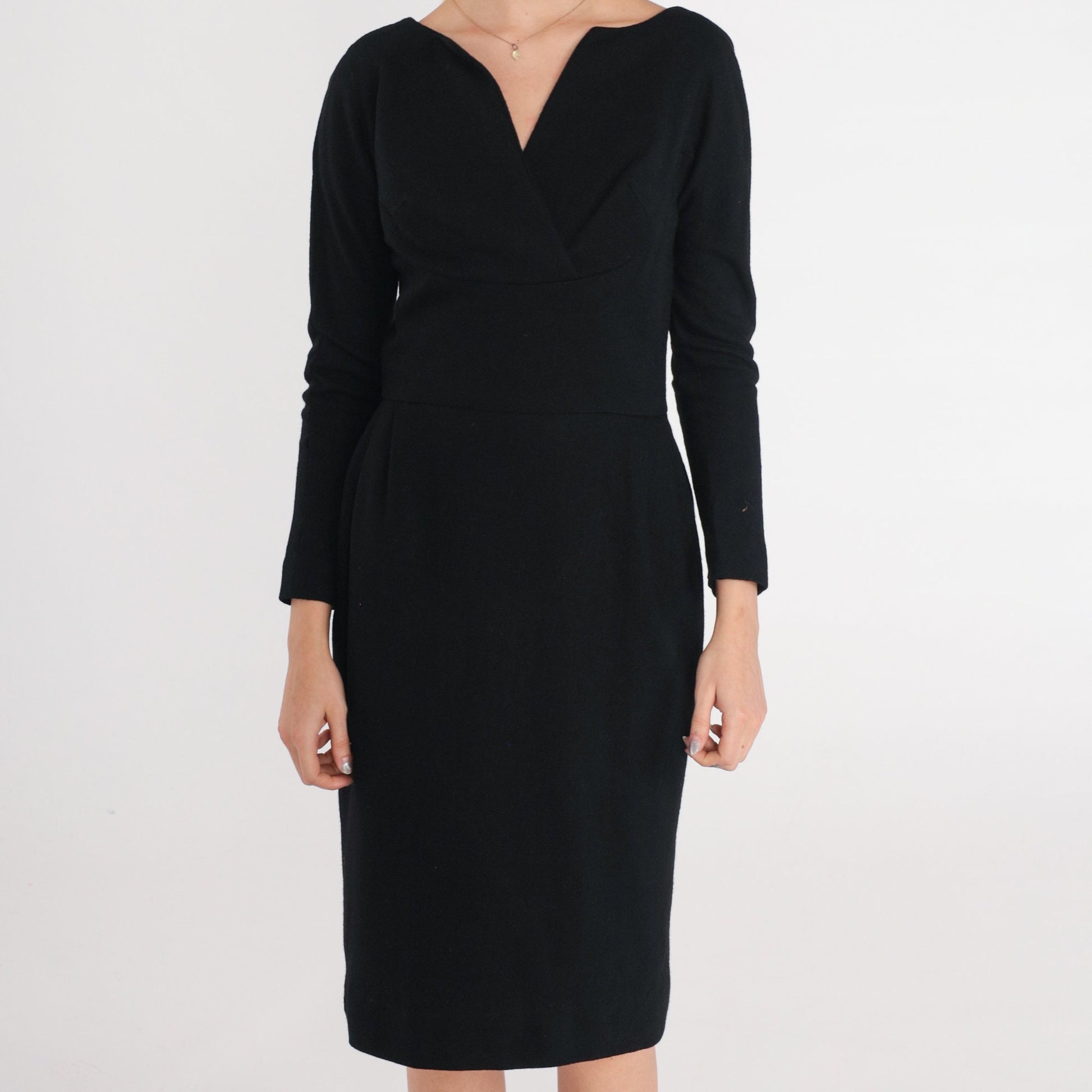 60s Black Wool Sheath Dress V Neck Long Sleeve Knee Length Extra Small