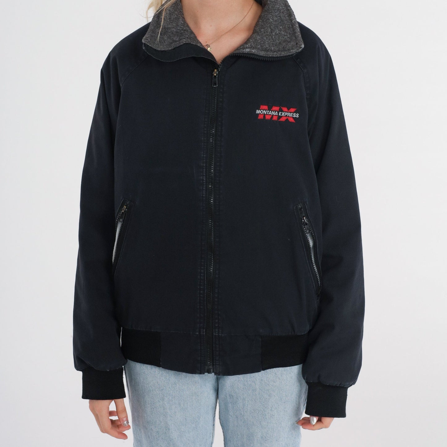 90s Montana Express Trucker Jacket Black Fleece Lined Windbreaker Small