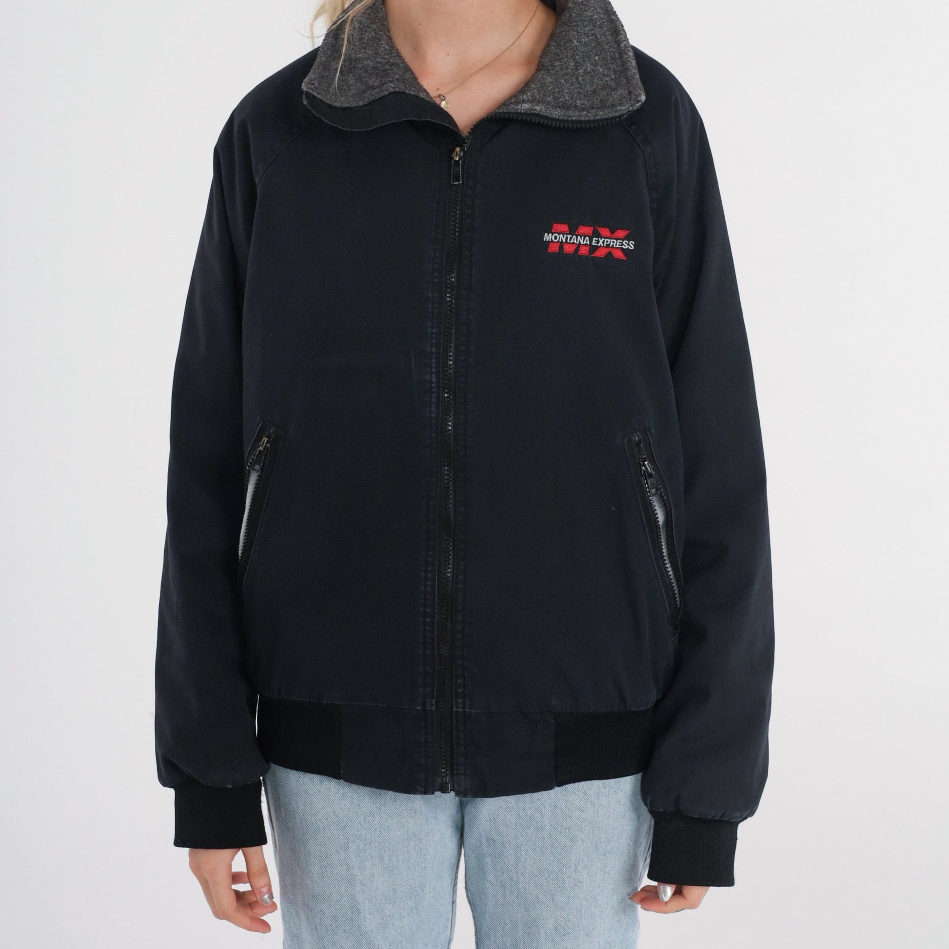 90s Montana Express Trucker Jacket Black Fleece Lined Windbreaker Small