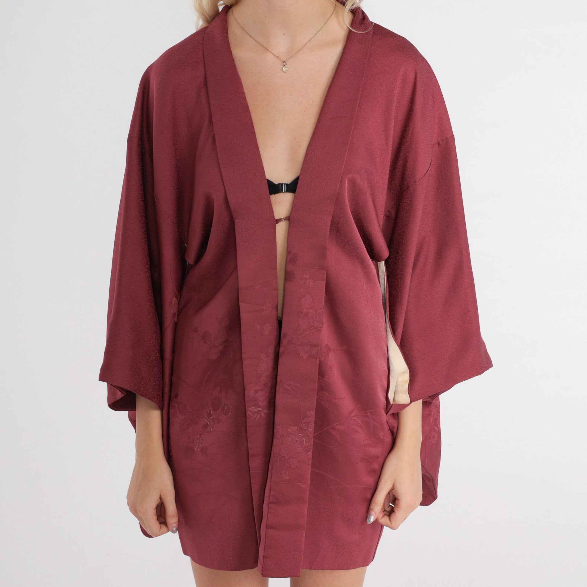 70s Berry Silk Kimono Jacket Floral Embossed Open Front Small