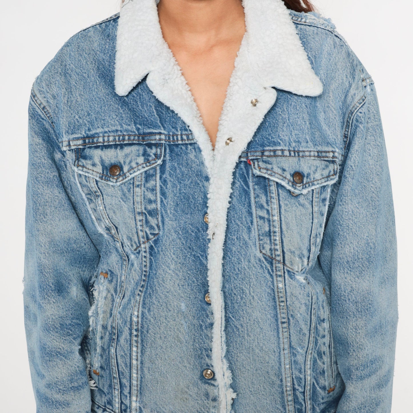 80s Levi's Sherpa Denim Jacket Blue Distressed Trucker Men's Large 44
