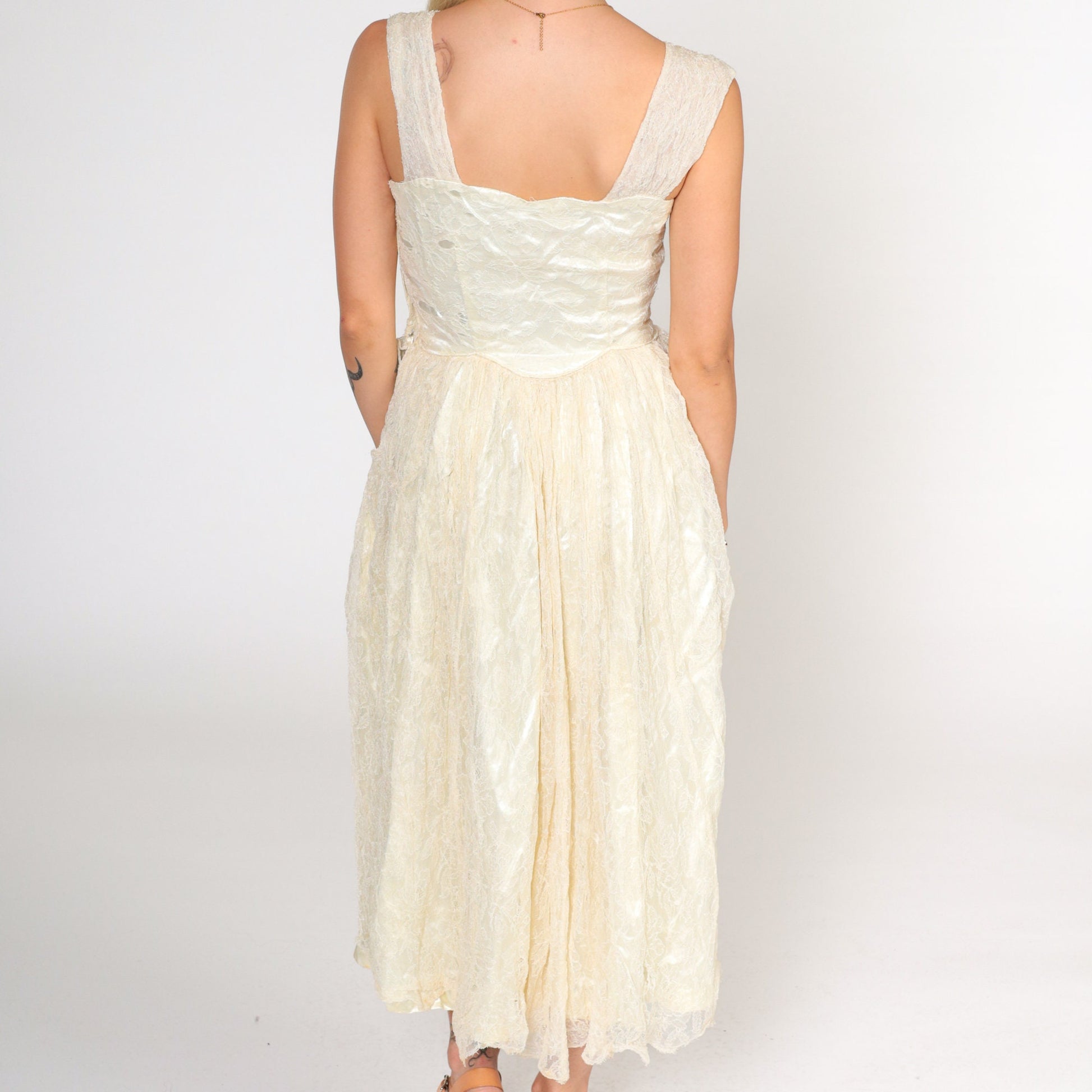 1960s Cream Lace Satin Midi Dress High Waist Sleeveless Extra Small