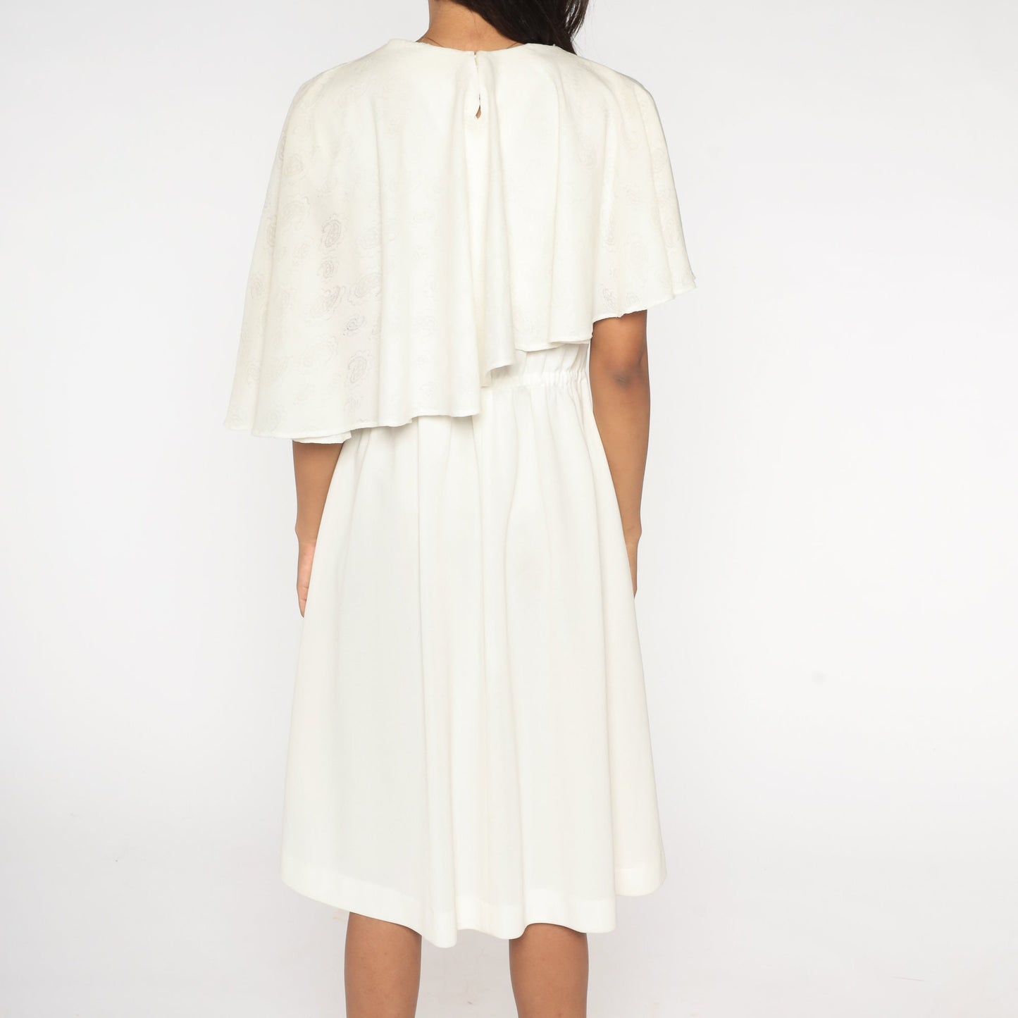 70s Asymmetrical Capelet Midi Dress Off White Paisley High Waist Medium Large