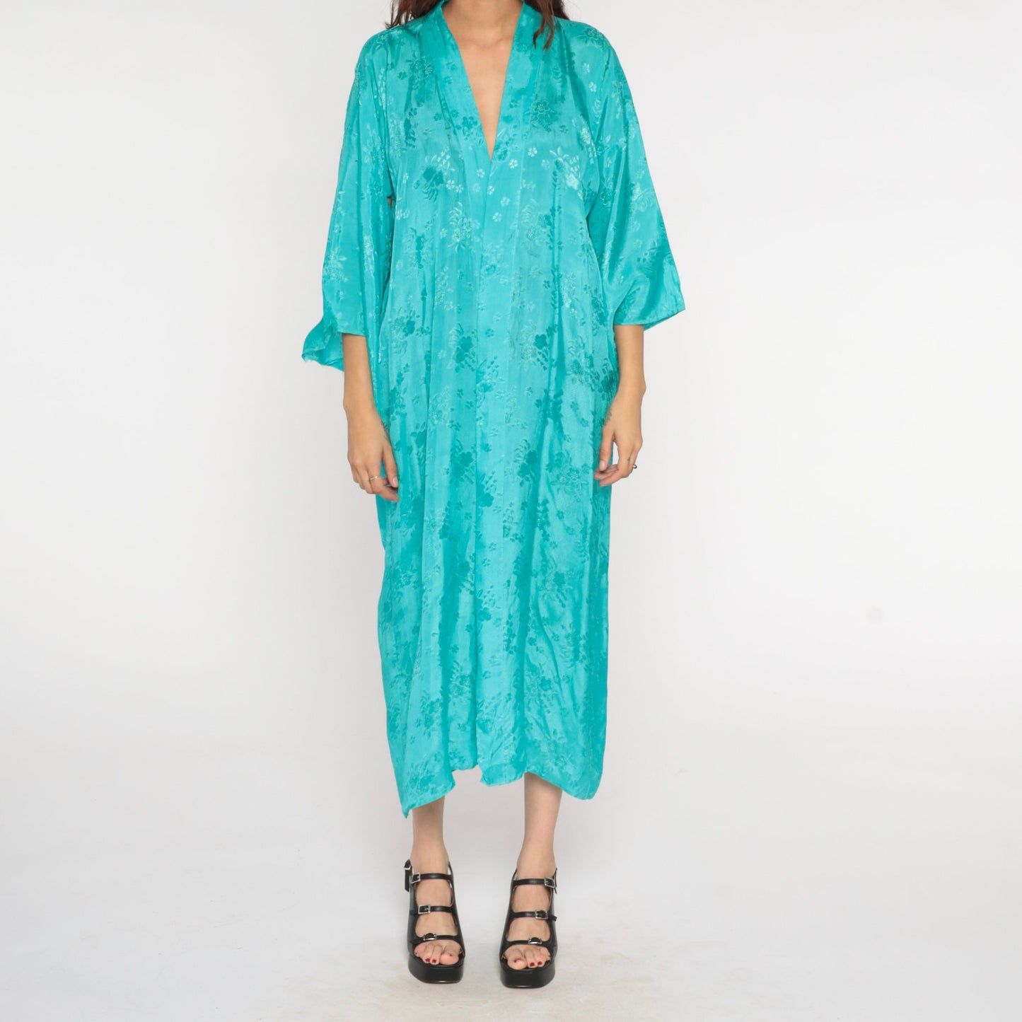 80s Dragon Embroidered Kimono Robe Turquoise Floral Maxi Small
