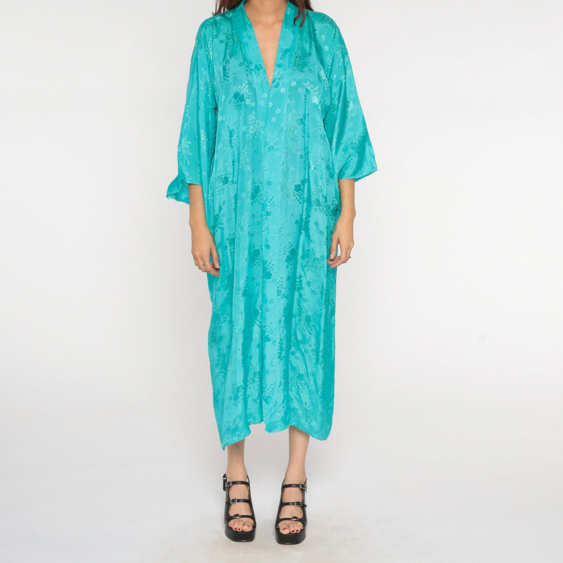 80s Dragon Embroidered Kimono Robe Turquoise Floral Maxi Small