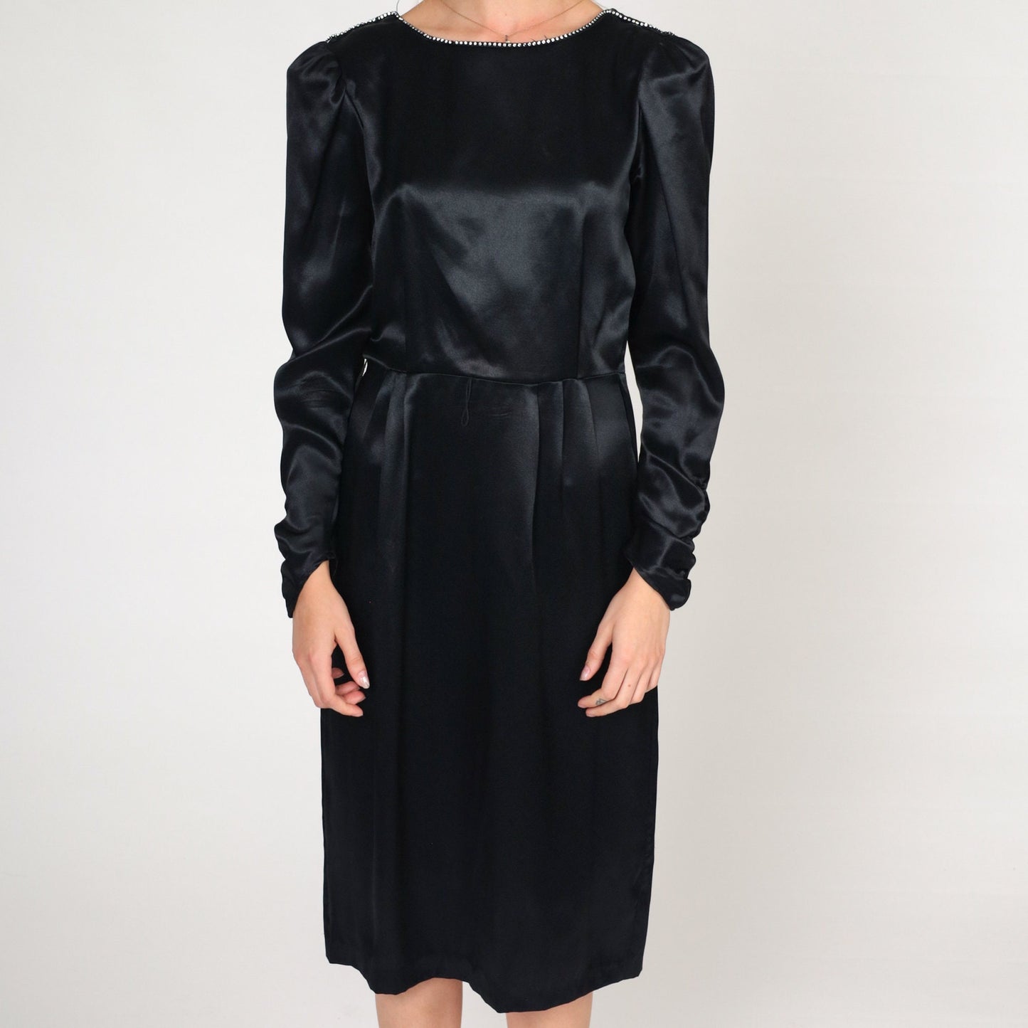 80s Black Satin Midi Dress Rhinestone Neckline Puff Sleeve High Waist Small