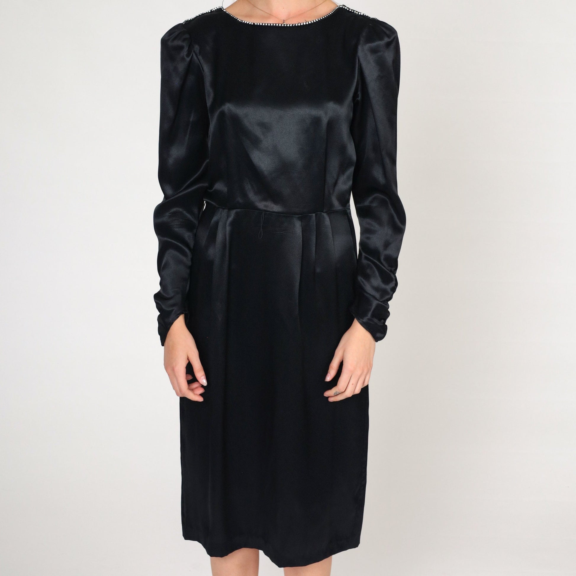 80s Black Satin Midi Dress Rhinestone Neckline Puff Sleeve High Waist Small