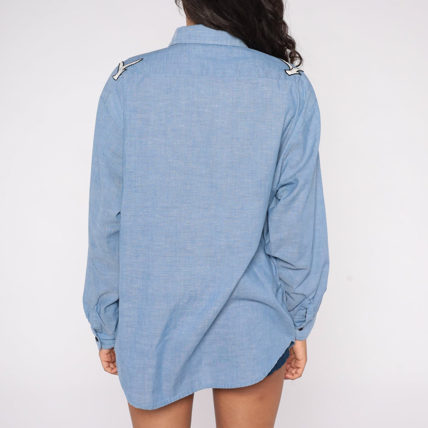70s Blue Chambray Embroidered Button Up Blouse Floral Animal Motif Large