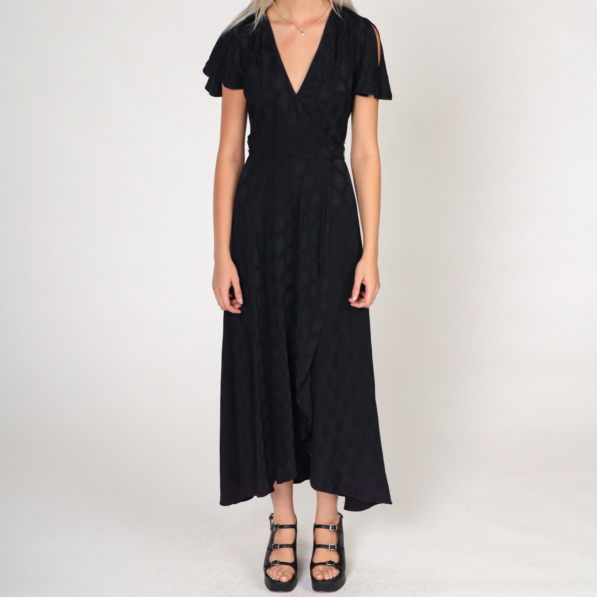 70s Black Grecian Maxi Dress Flutter Sleeve Wrap Deep V Embossed Geometric Extra Small