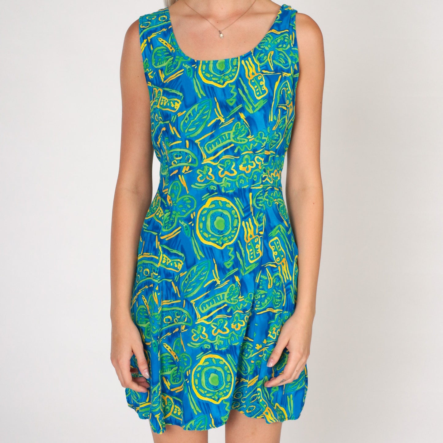 90s Big Hed Designs Tropical Mini Dress Abstract Palm Print Blue Green Small