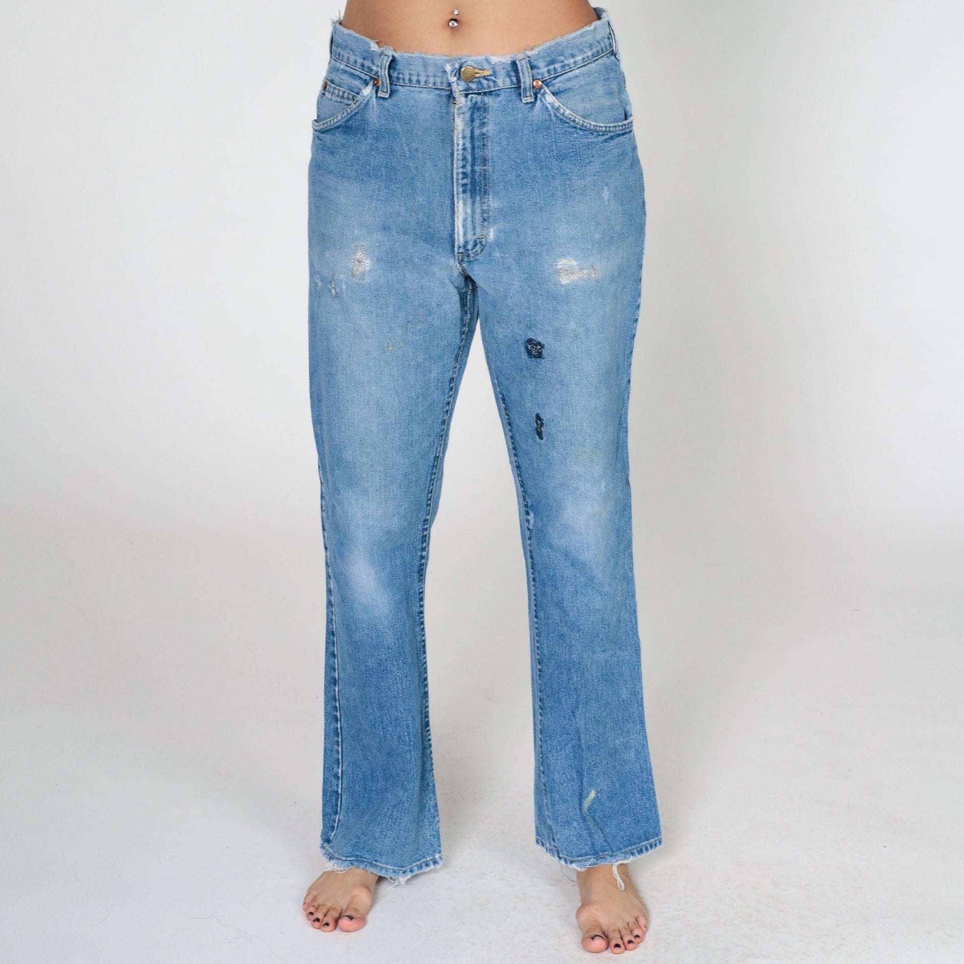 80s Lee High Waist Straight Leg Jeans Distressed Blue Denim Men's 33