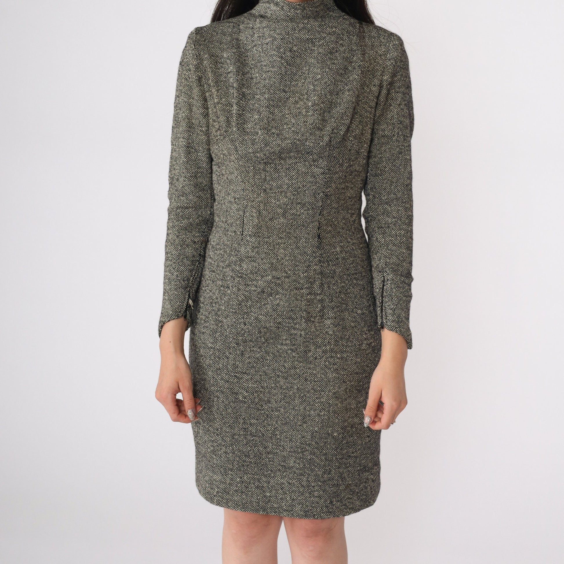 1960s S Eisenberg Wool Dress Black White Flecked Mock Neck Long Sleeve Small