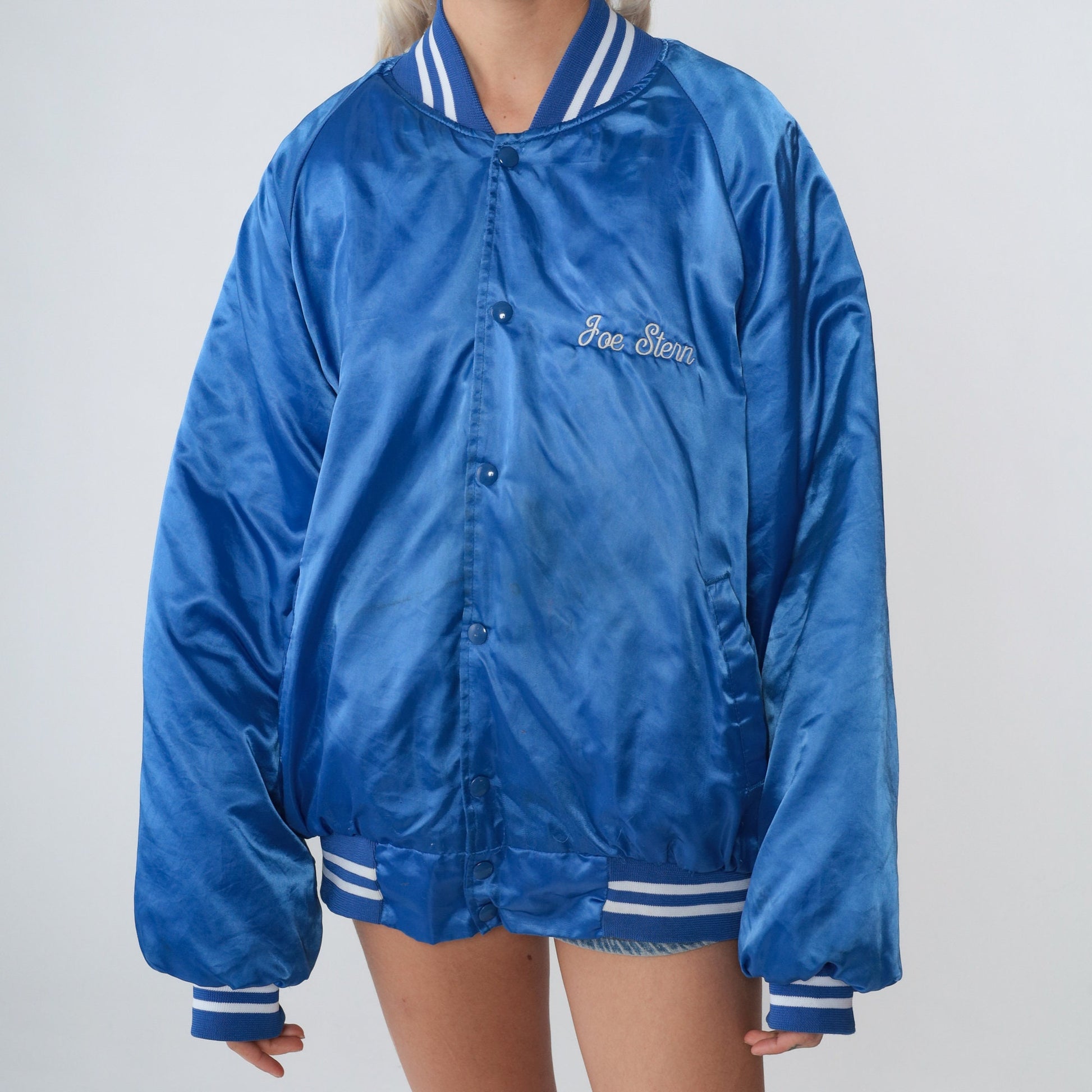 90s The Bicycle Source Blue Satin Bomber Jacket Joe Stern BMX Extra Large XL