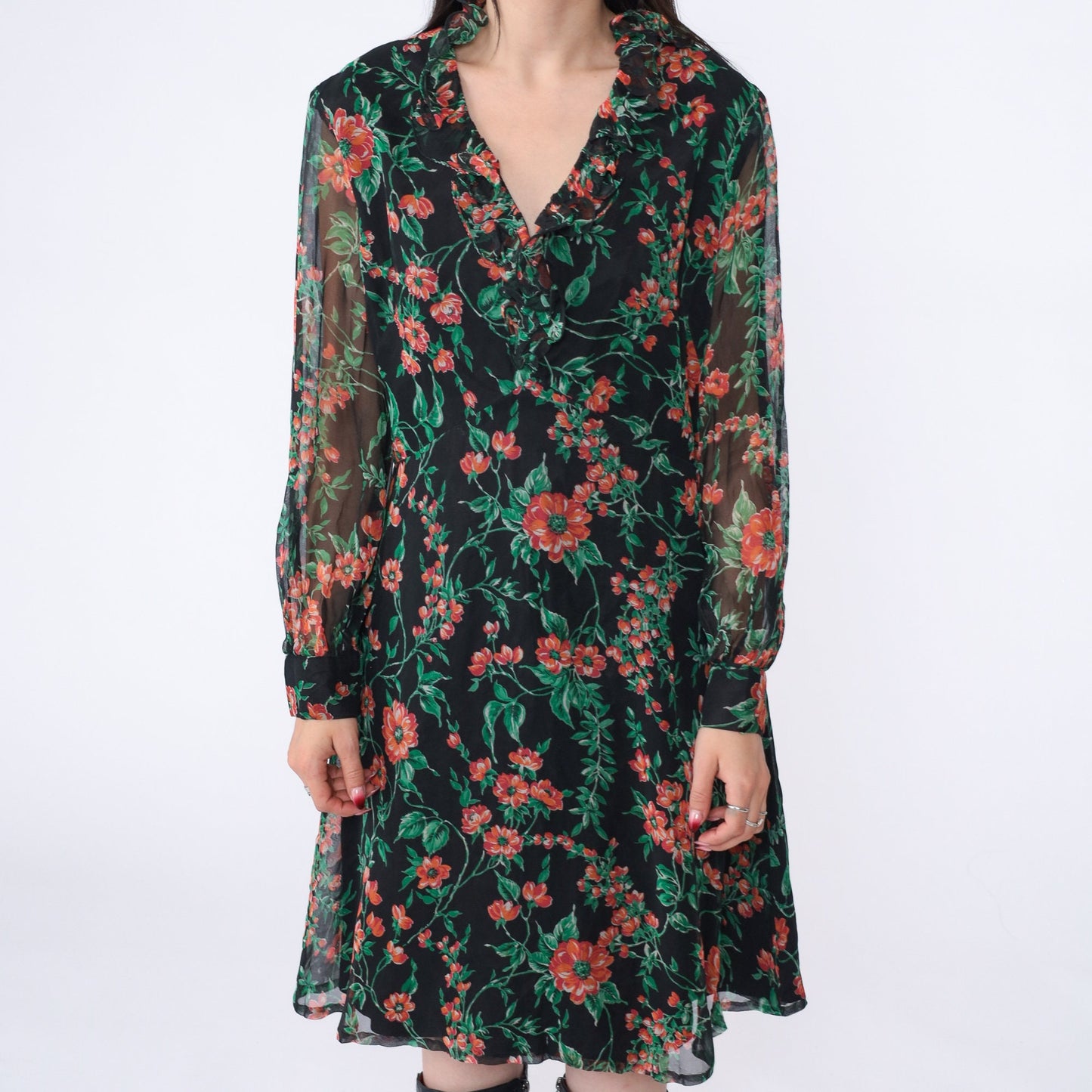 70s Floral Babydoll Mini Dress Empire Waist V-Neck Long Sleeve Black Large
